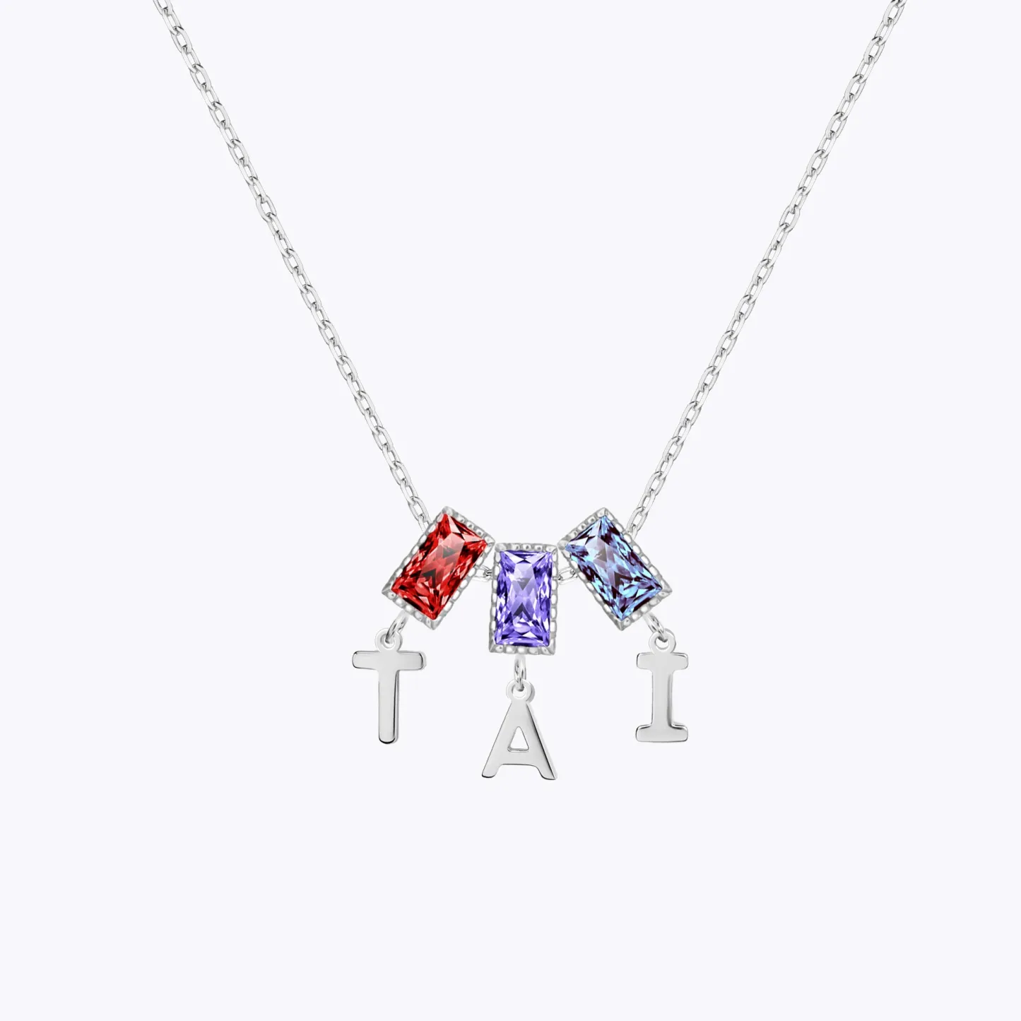 Baguette Birthstone and Initials Necklace