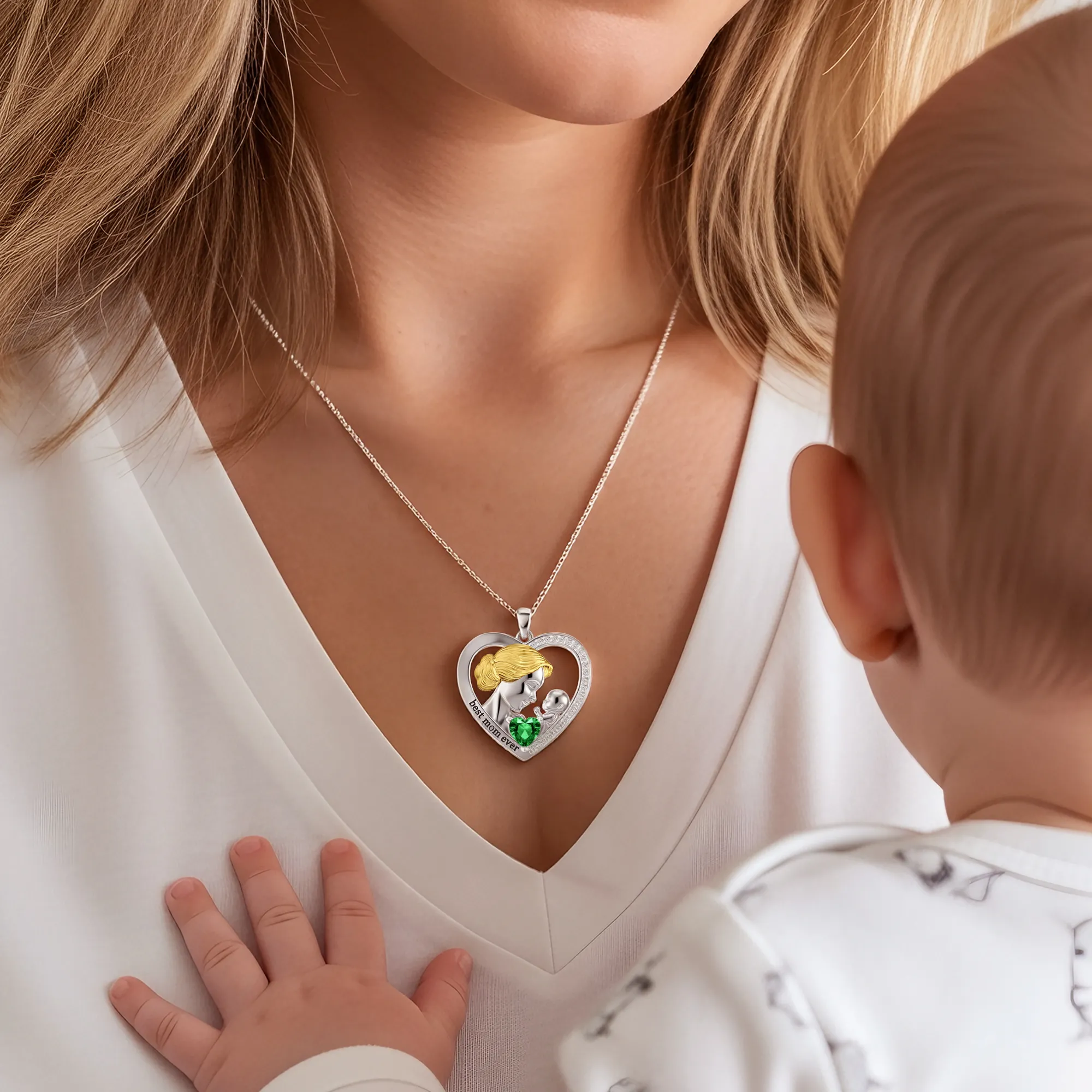 Custom Heart Shaped Mom Baby Necklace with Heartstone