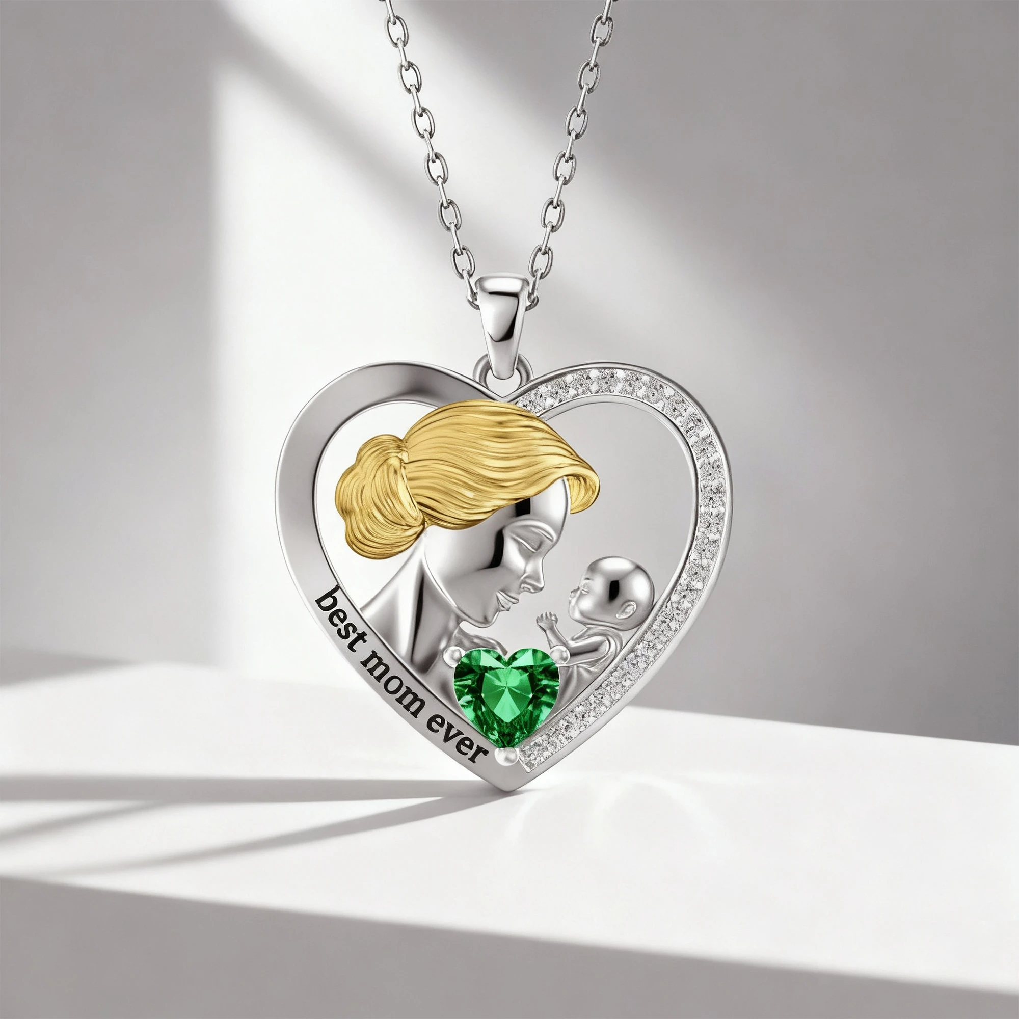 Custom Heart Shaped Mom Baby Necklace with Heartstone