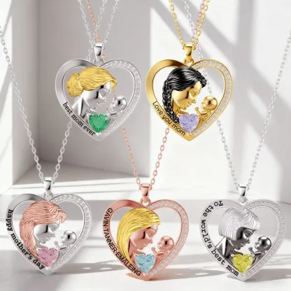 Custom Heart Shaped Mom Baby Necklace with Heartstone