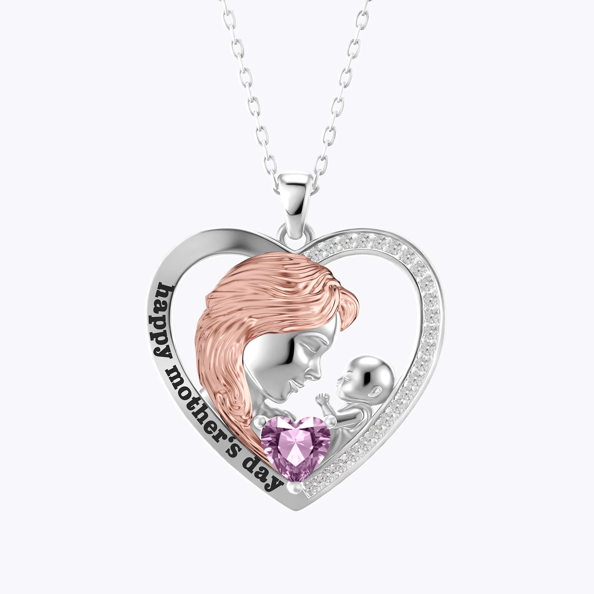 Custom Heart Shaped Mom Baby Necklace with Heartstone
