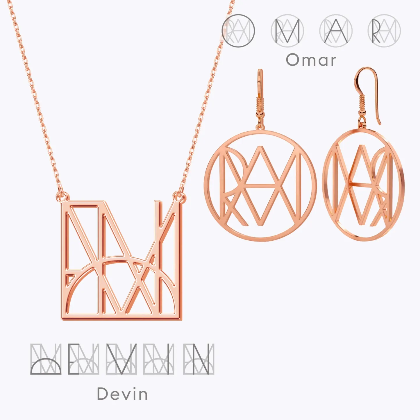 Geo Code Custom Name Logo Monogram Necklace and Earring Set