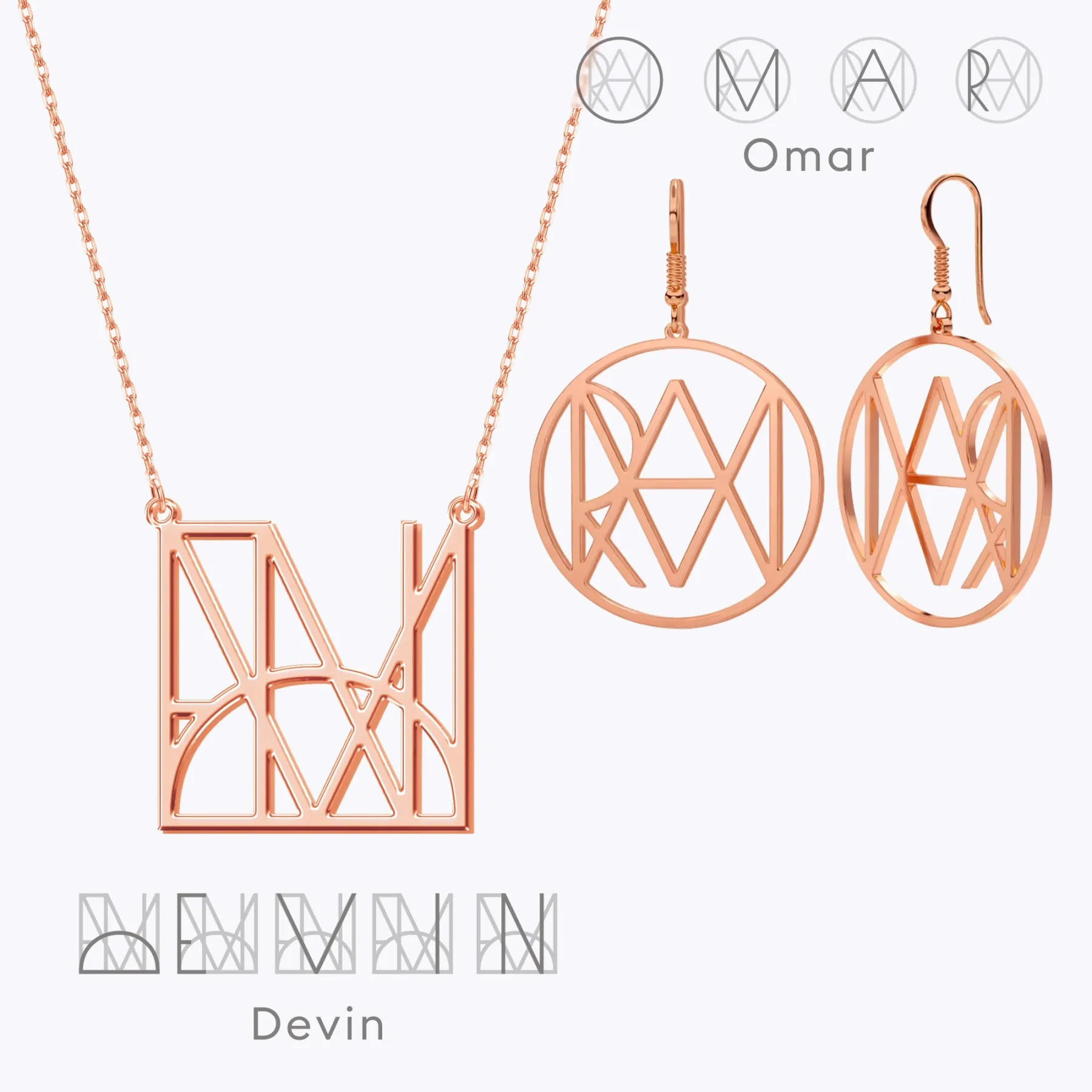 Geo Code Custom Name Logo Monogram Necklace and Earring Set