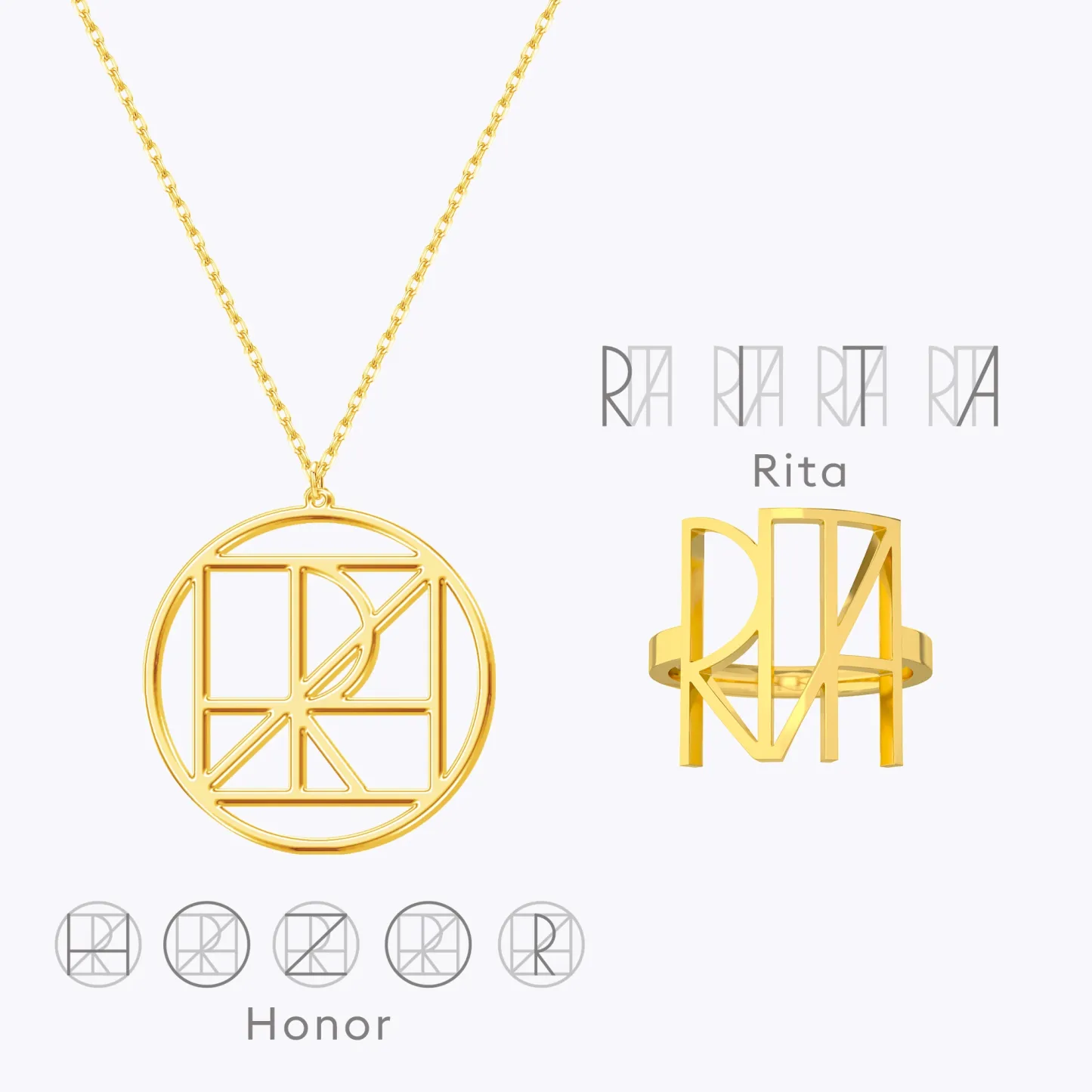 Geo Code Custom Name Logo Monogram Necklace and Ring Set