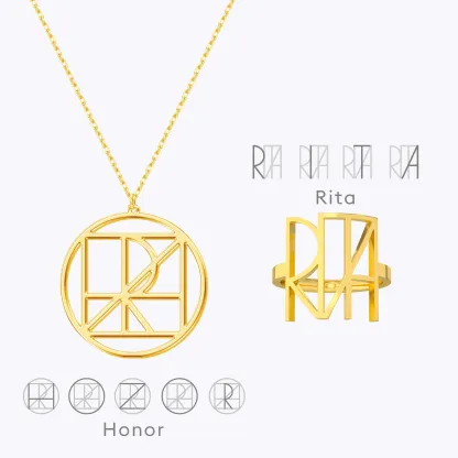 Geo Code Custom Name Logo Monogram Necklace and Ring Set