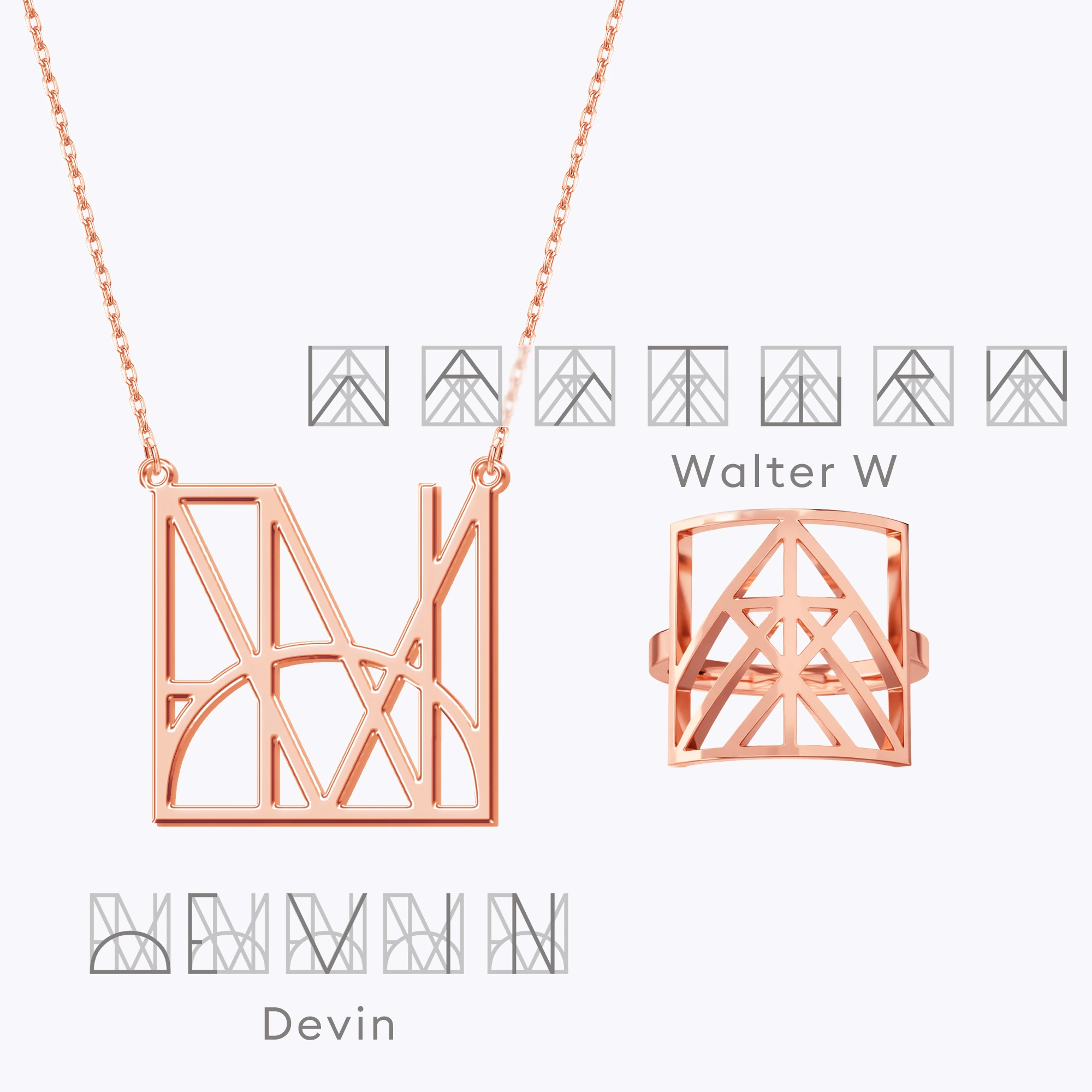 Geo Code Custom Name Logo Monogram Necklace and Ring Set