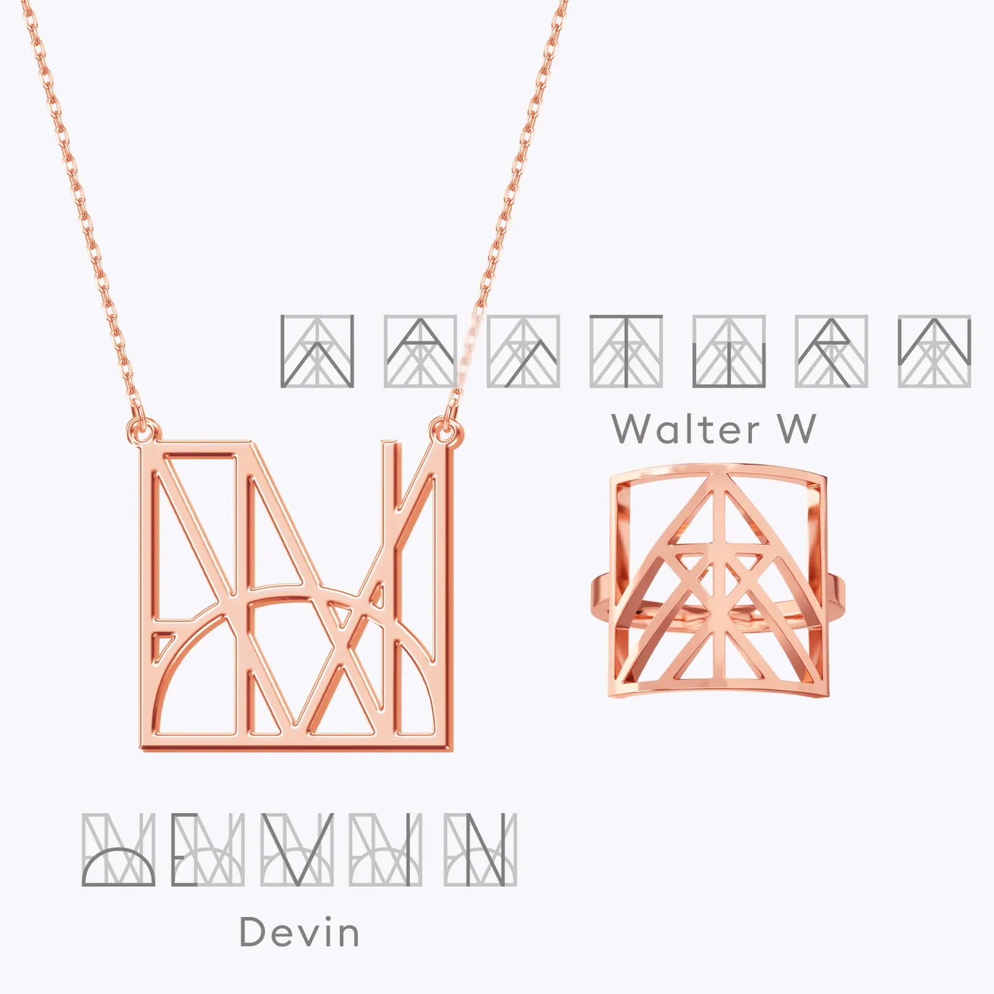 Geo Code Custom Name Logo Monogram Necklace and Ring Set
