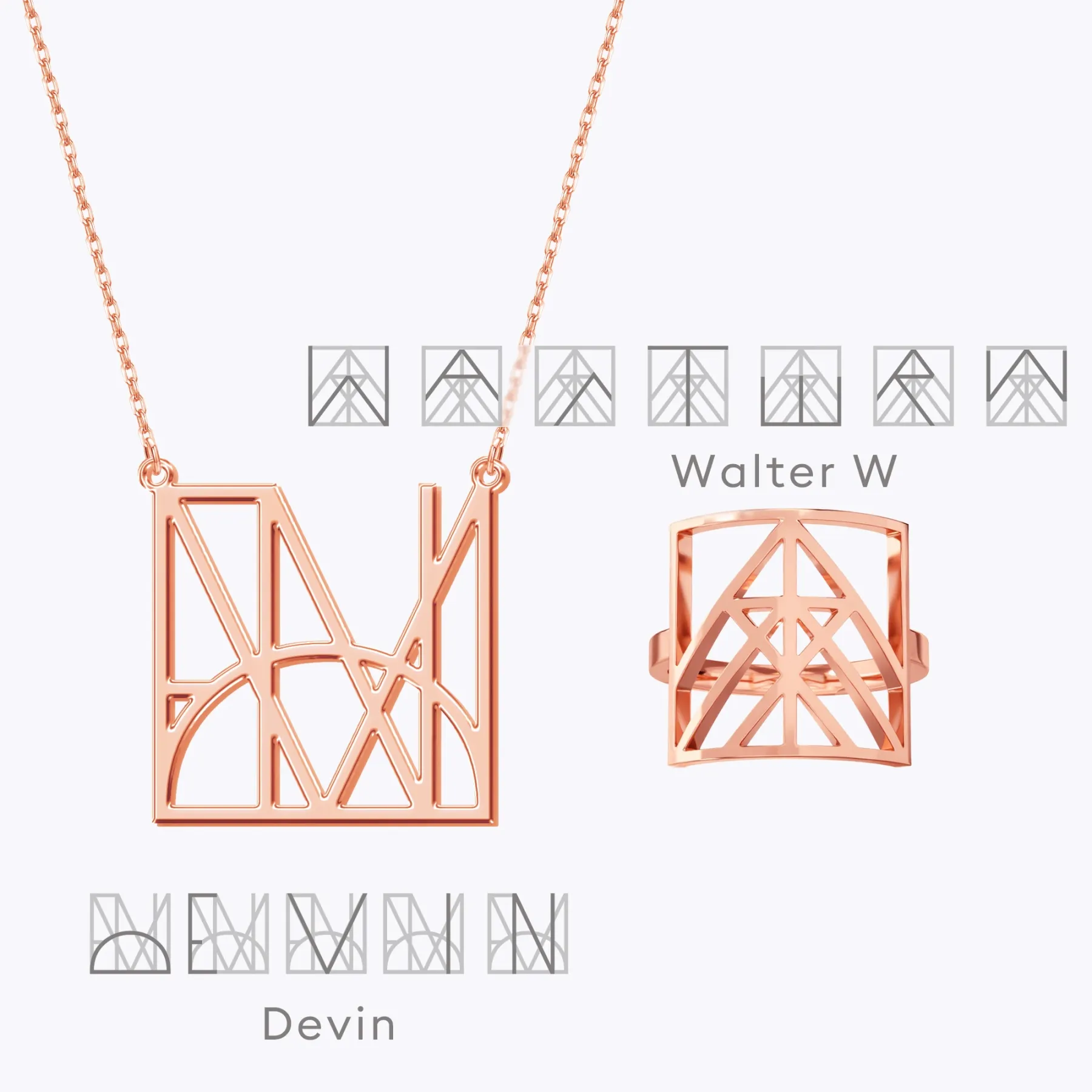 Geo Code Custom Name Logo Monogram Necklace and Ring Set