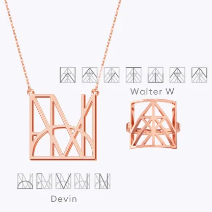 Geo Code Custom Name Logo Monogram Necklace and Ring Set