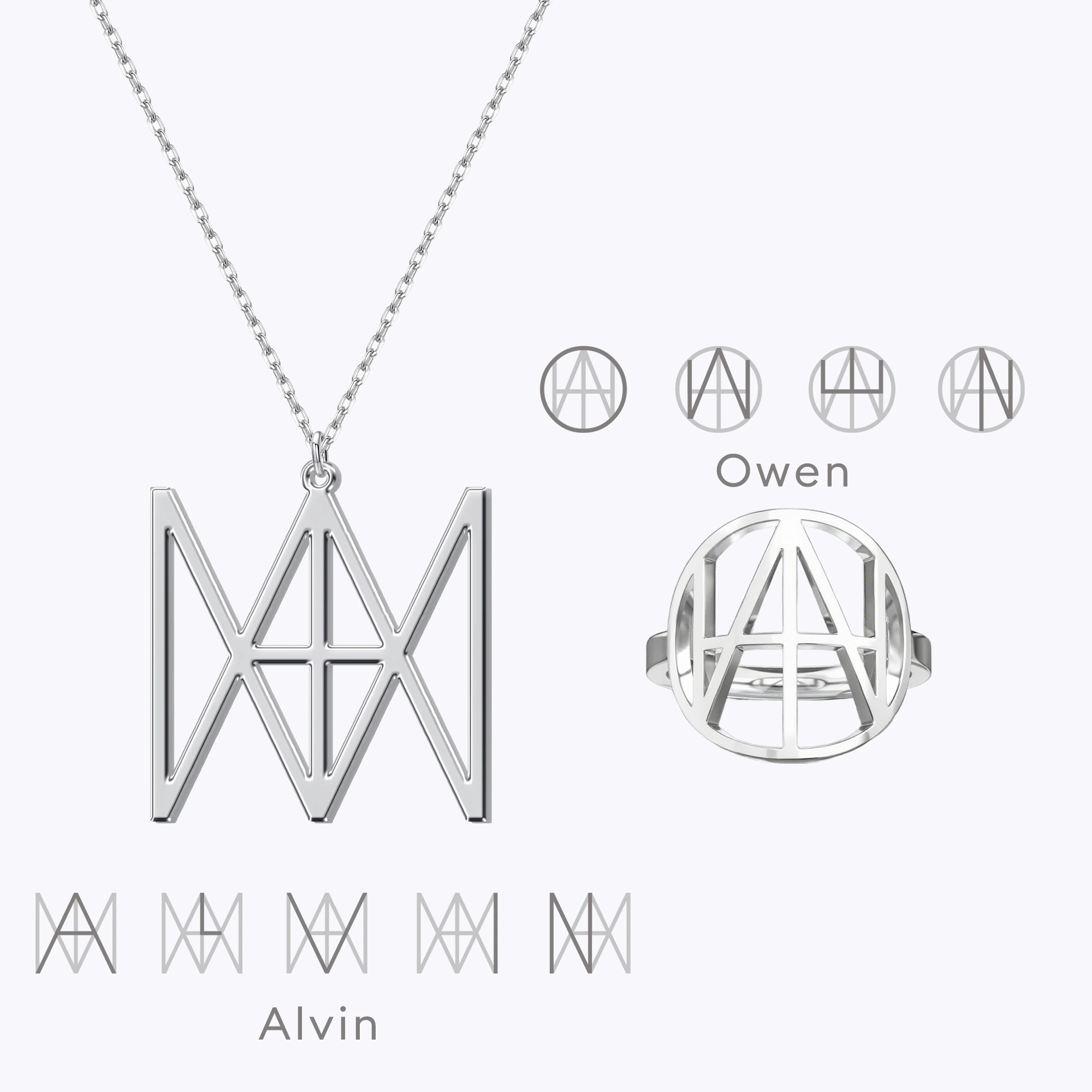 Geo Code Custom Name Logo Monogram Necklace and Ring Set