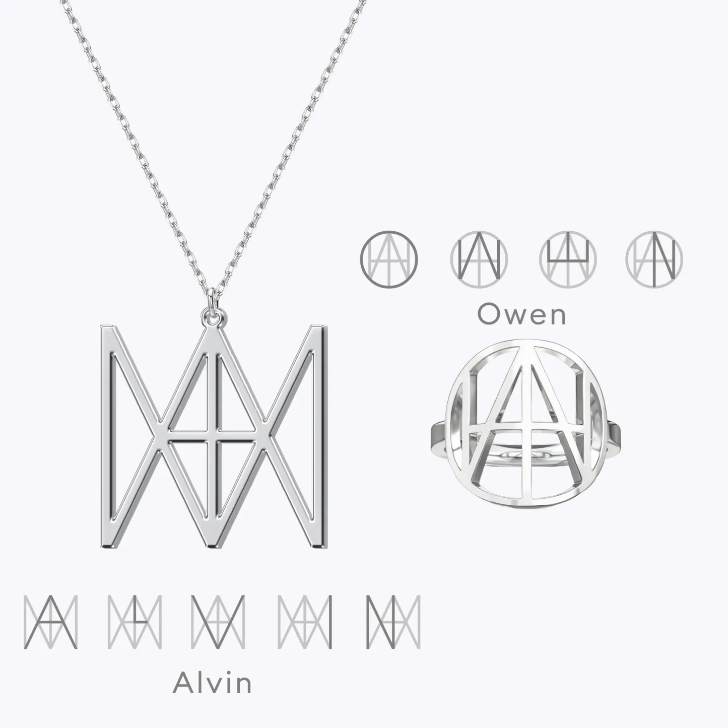 Geo Code Custom Name Logo Monogram Necklace and Ring Set