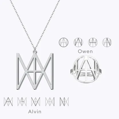 Geo Code Custom Name Logo Monogram Necklace and Ring Set