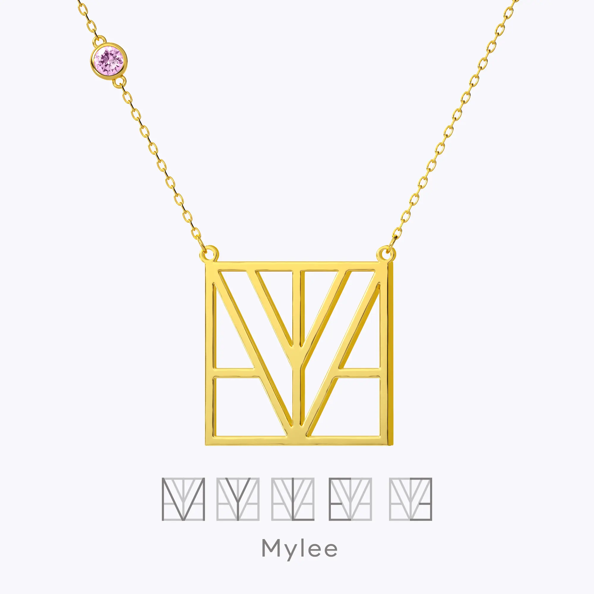 Geo Code Custom Name Logo Monogram Necklace with Round Birthstone