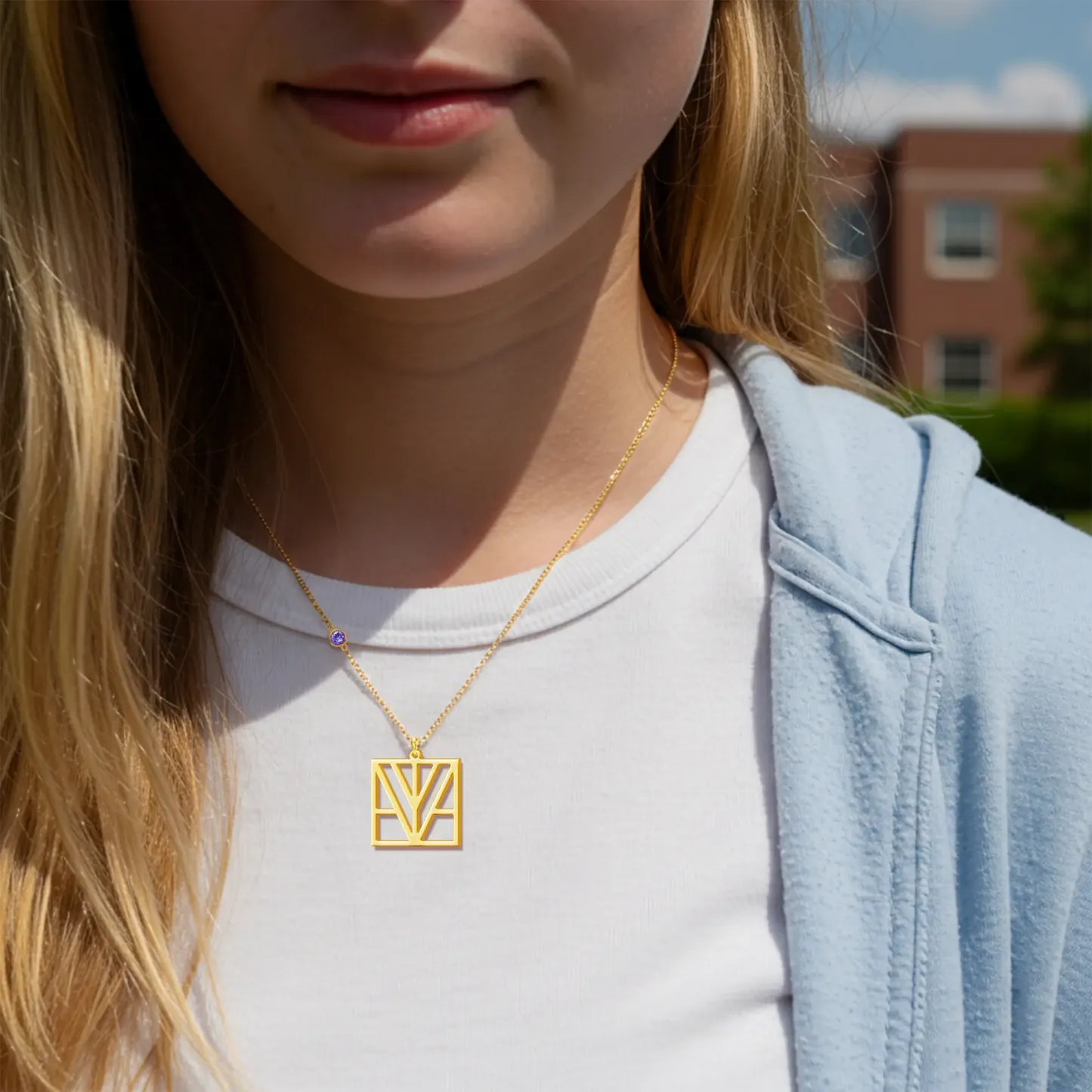 Geo Code Custom Name Logo Monogram Necklace with Round Birthstone