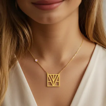 Geo Code Custom Name Logo Monogram Necklace with Round Birthstone