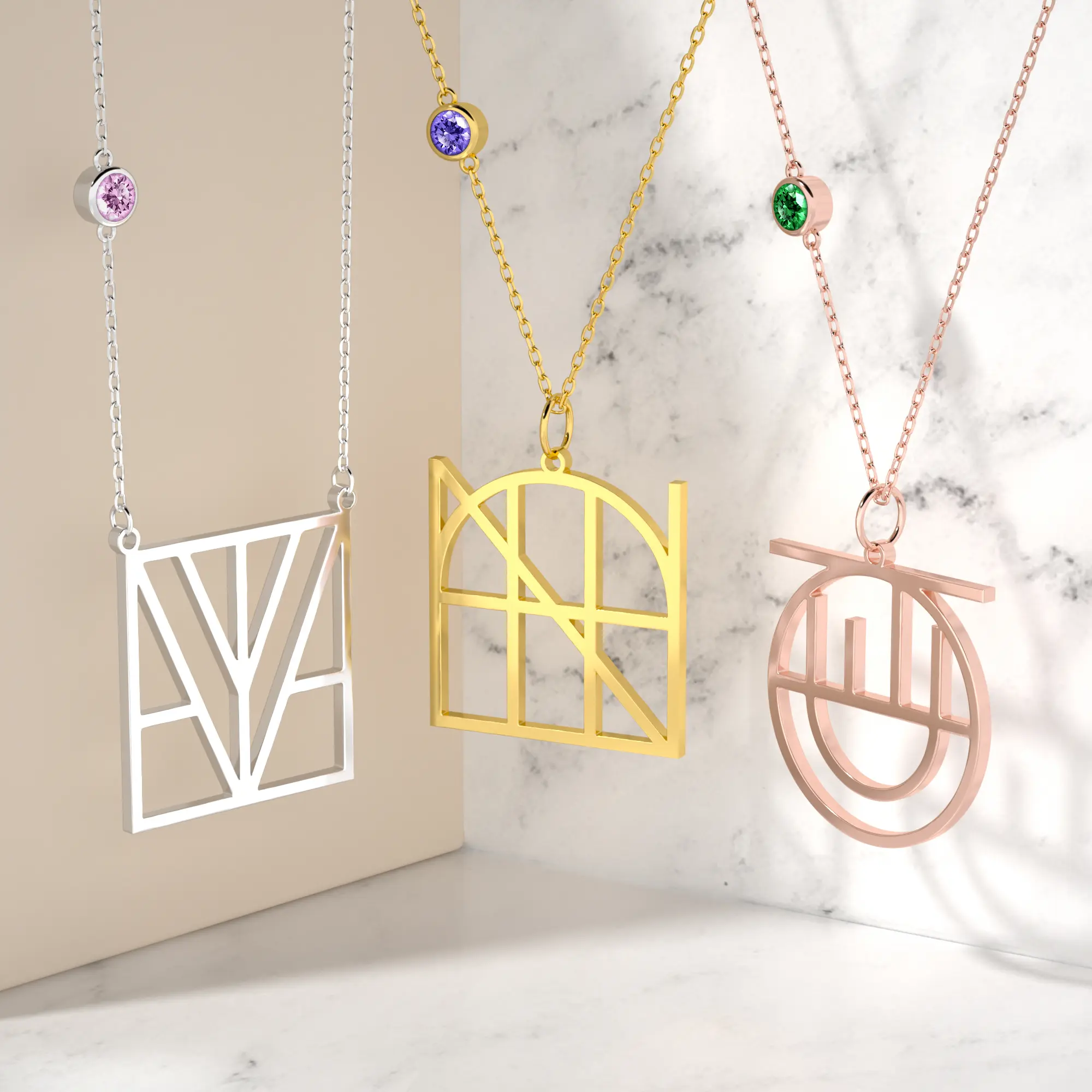 Geo Code Custom Name Logo Monogram Necklace with Round Birthstone