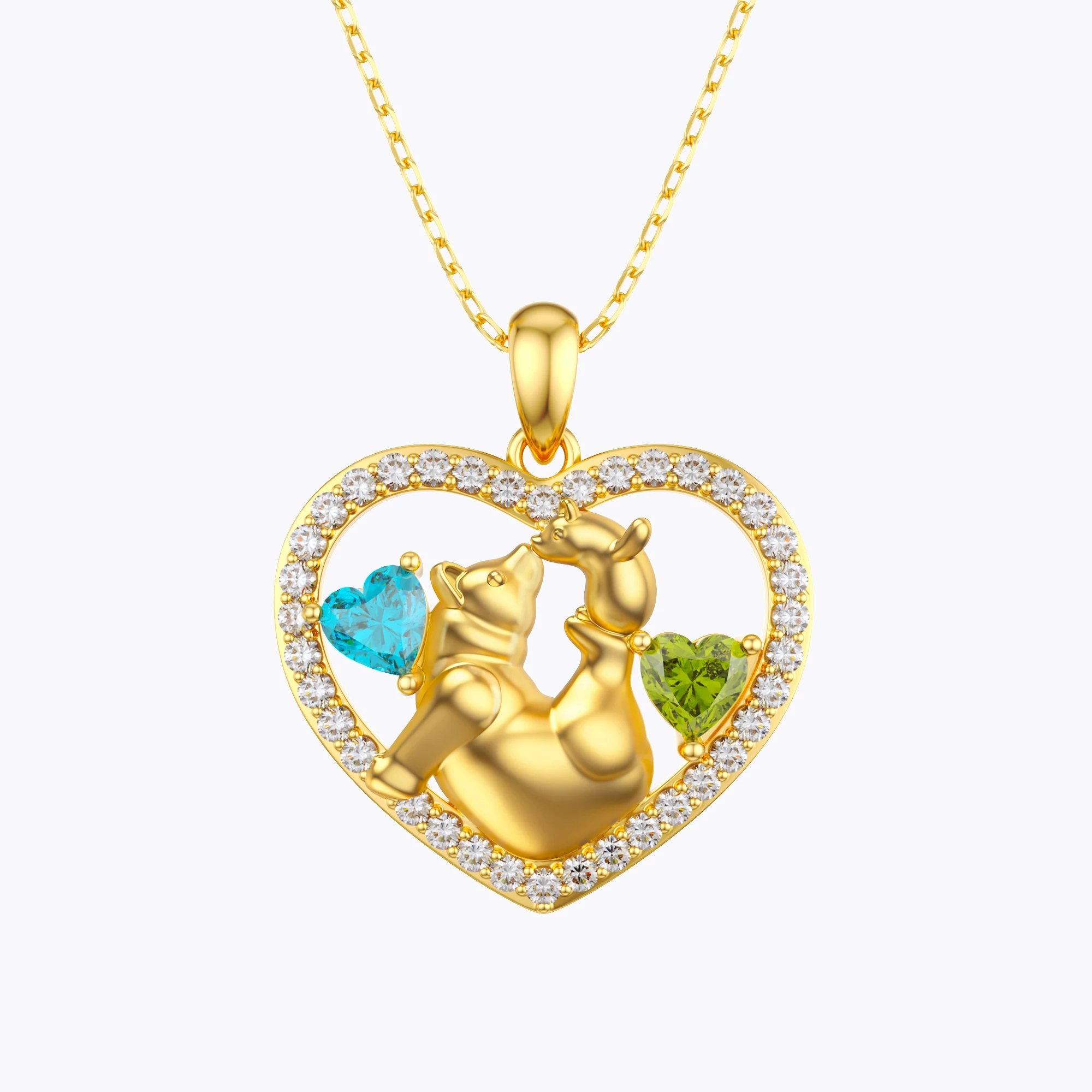 Custom Mom and Child Bear Heart Birthstone Pavé Pendant Necklace