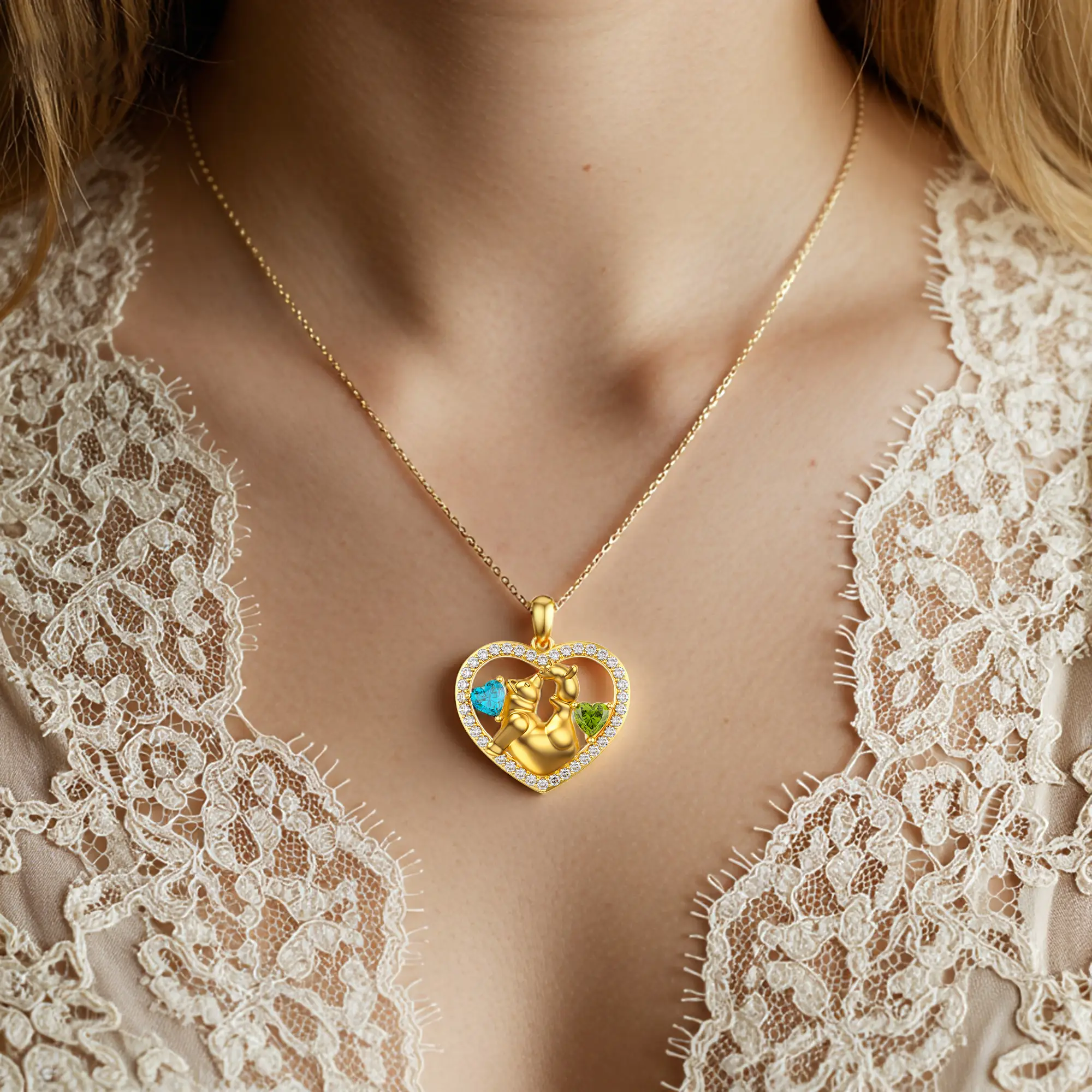 Custom Mom and Child Bear Heart Birthstone Pavé Pendant Necklace