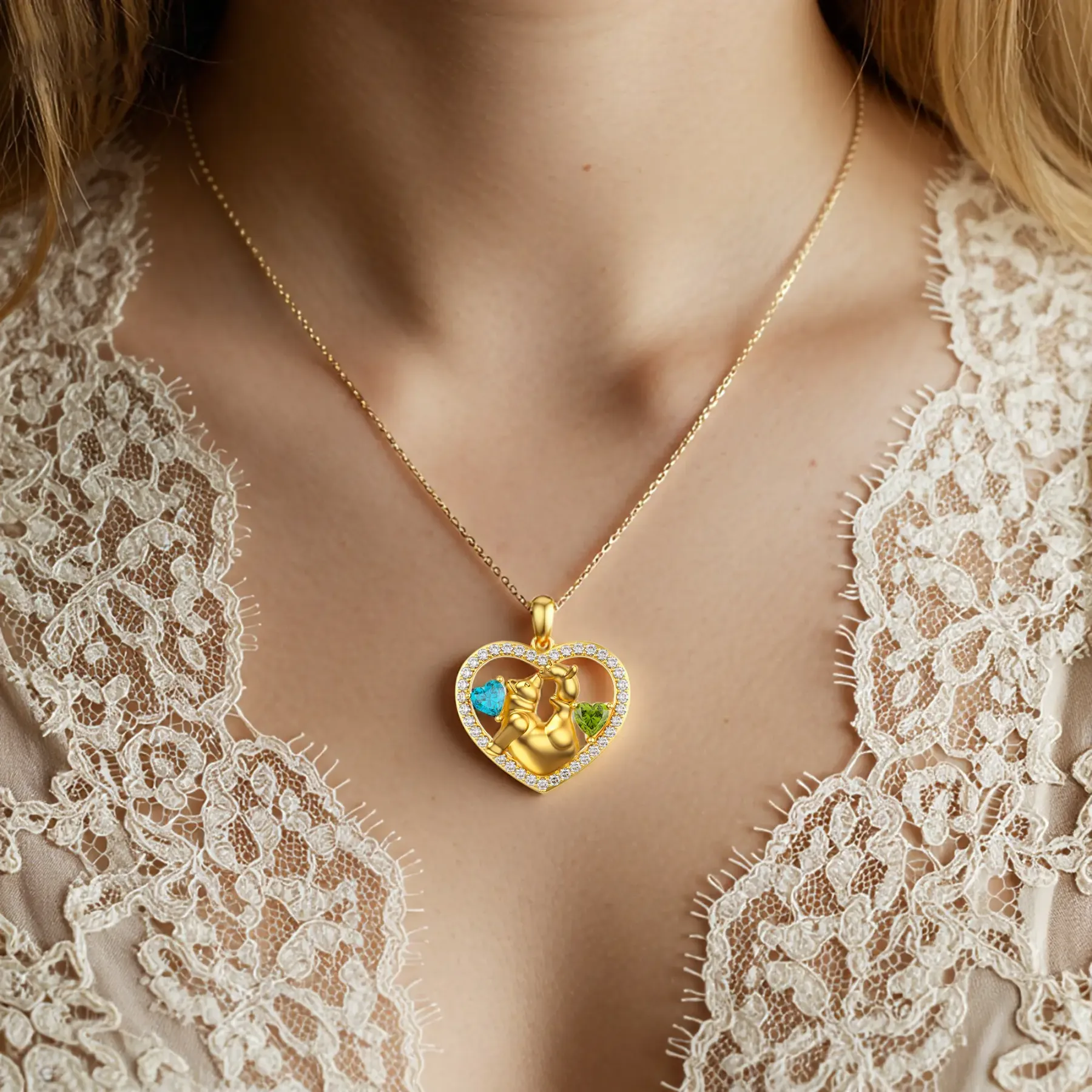 Custom Mom and Child Bear Heart Birthstone Pavé Pendant Necklace