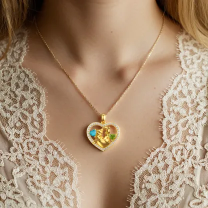 Custom Mom and Child Bear Heart Birthstone Pavé Pendant Necklace