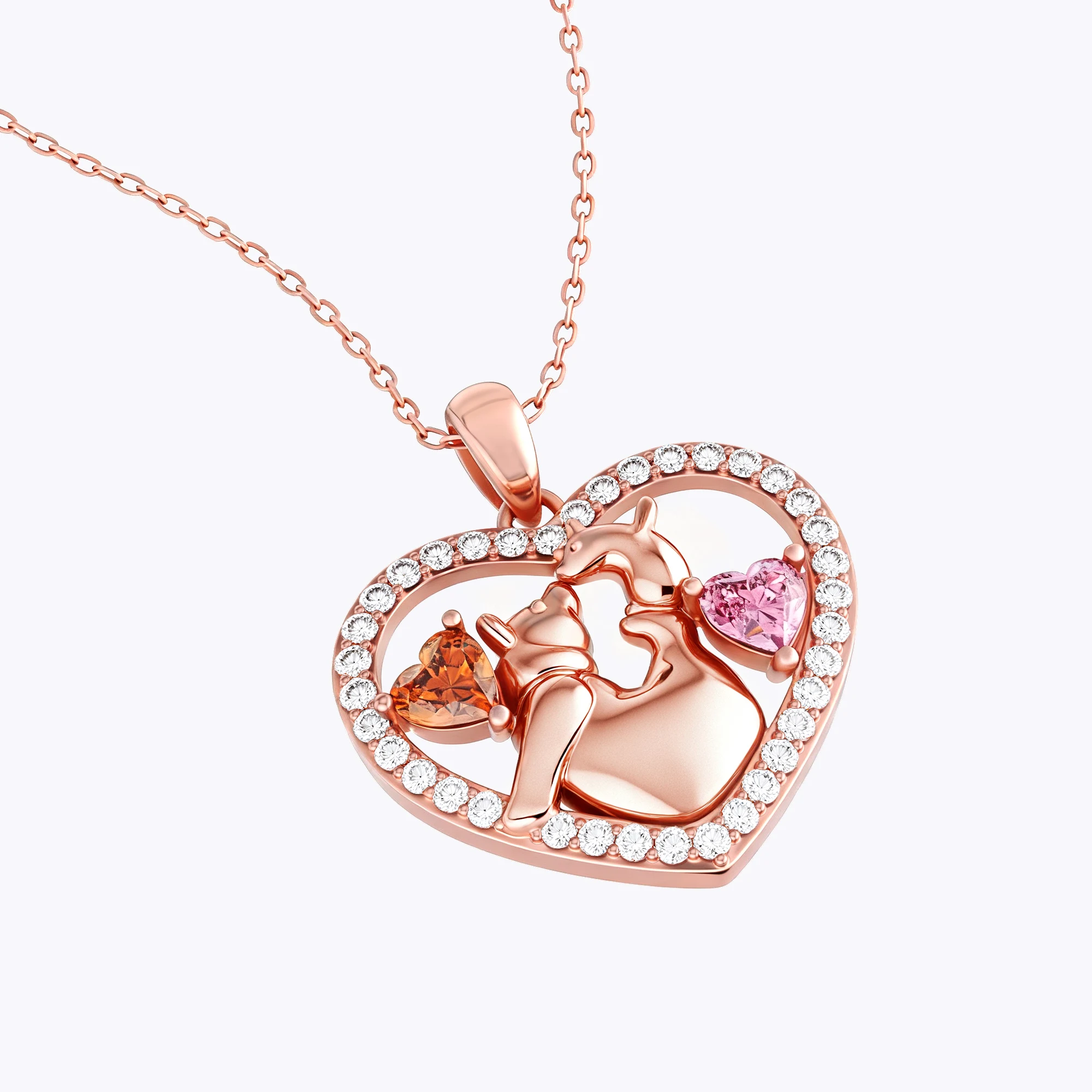 Custom Mom and Child Bear Heart Birthstone Pavé Pendant Necklace