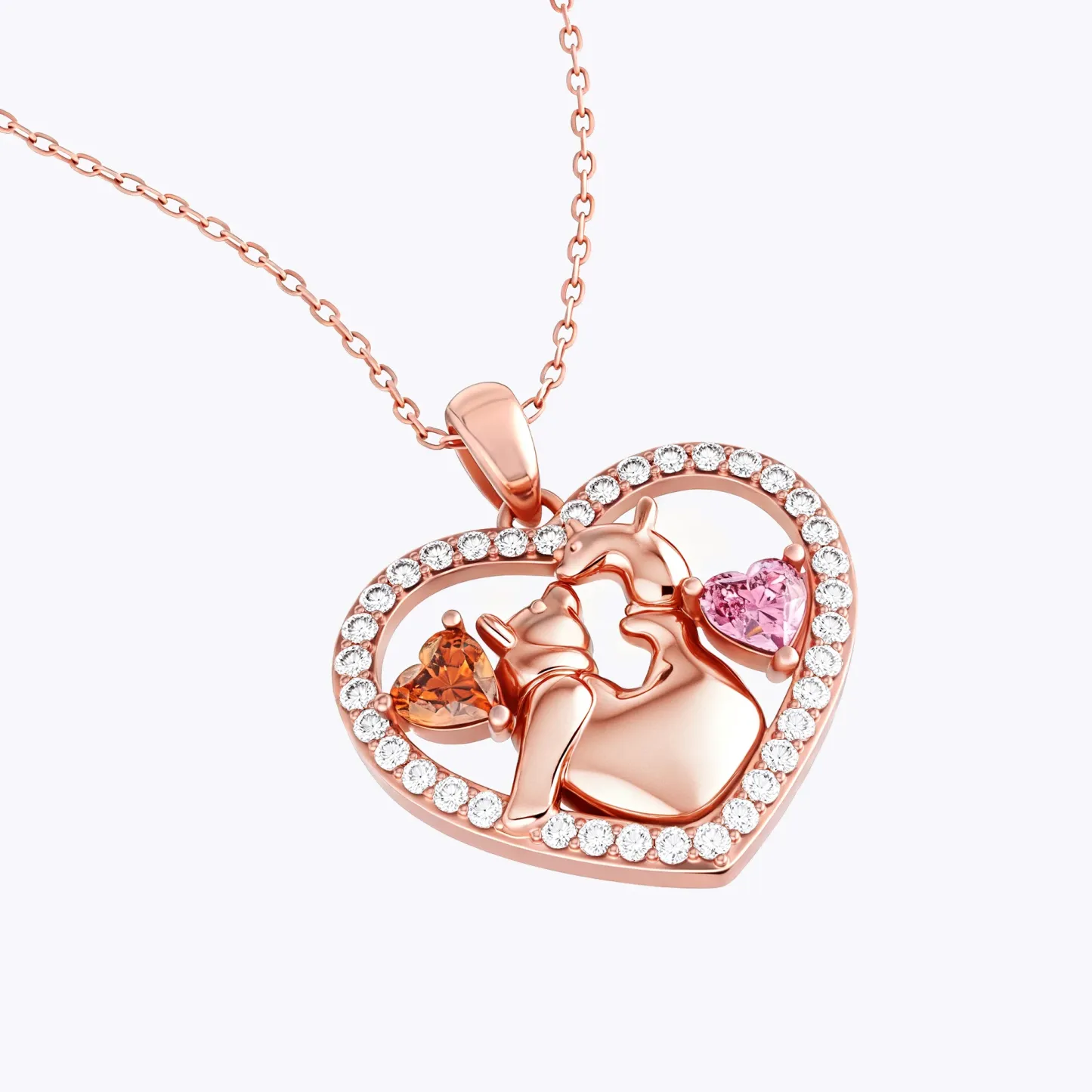 Custom Mom and Child Bear Heart Birthstone Pavé Pendant Necklace