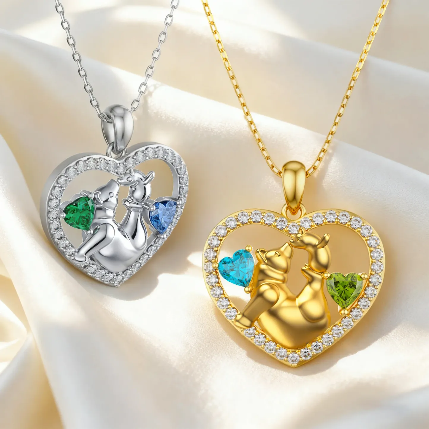 Custom Mom and Child Bear Heart Birthstone Pavé Pendant Necklace