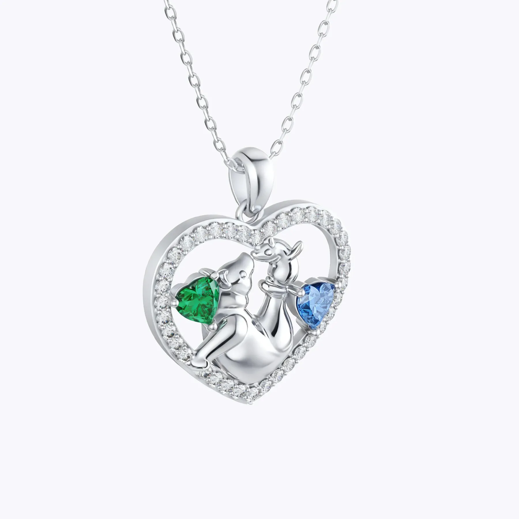Custom Mom and Child Bear Heart Birthstone Pavé Pendant Necklace
