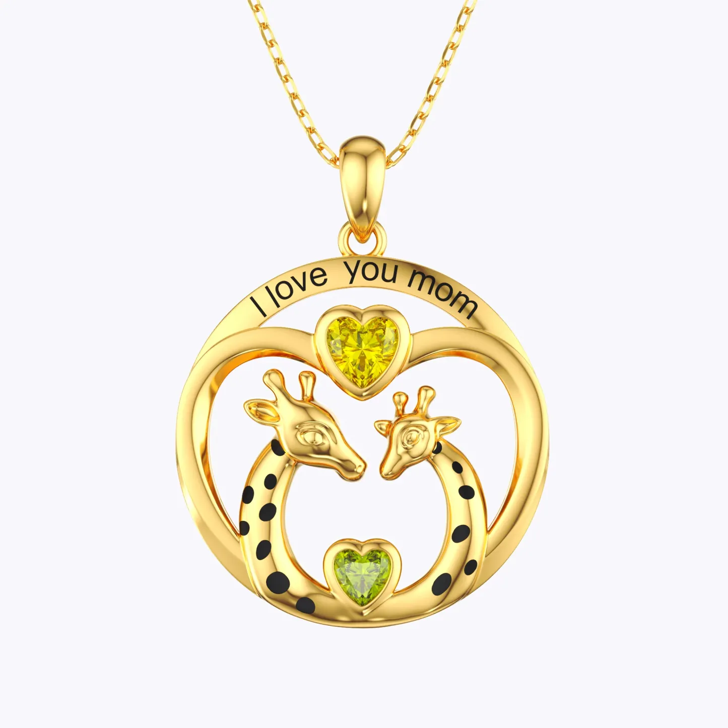 Custom Mom and Child Giraffe Heart Birthstone Round Shape Pendant Necklace