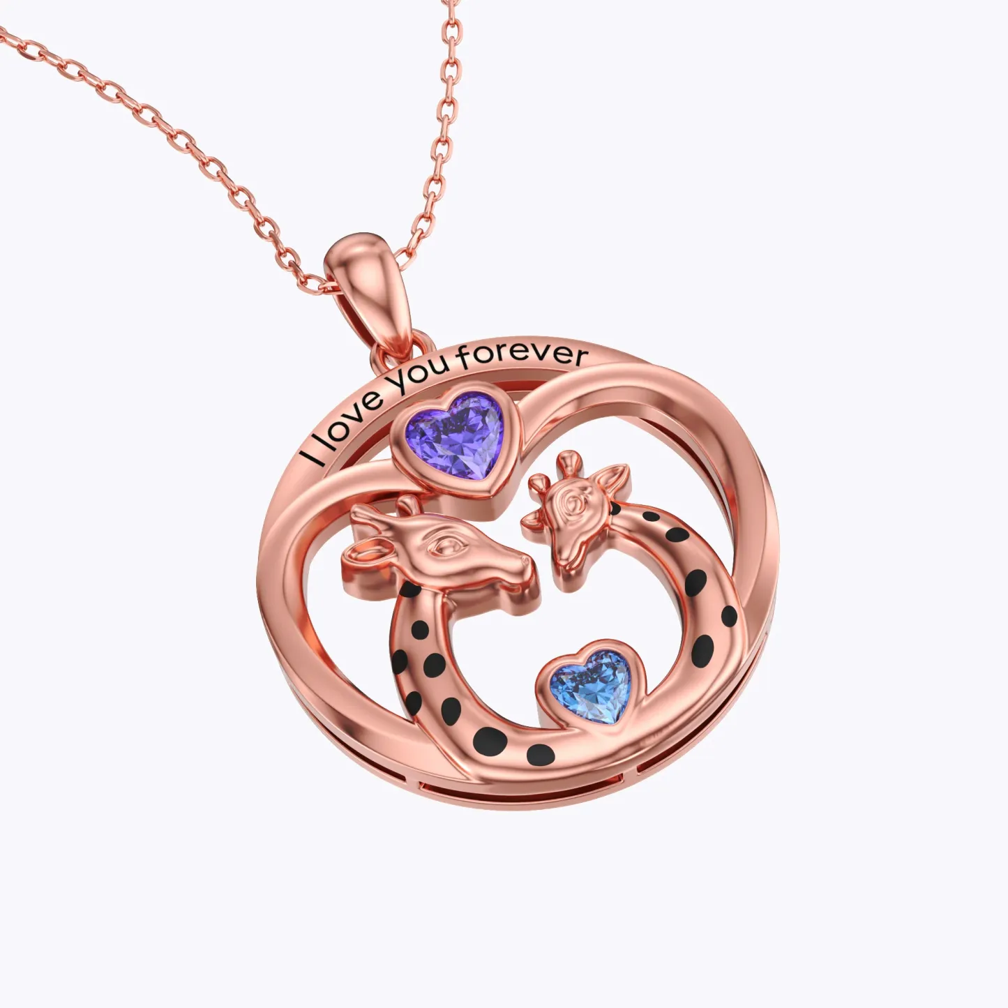 Custom Mom and Child Giraffe Heart Birthstone Round Shape Pendant Necklace