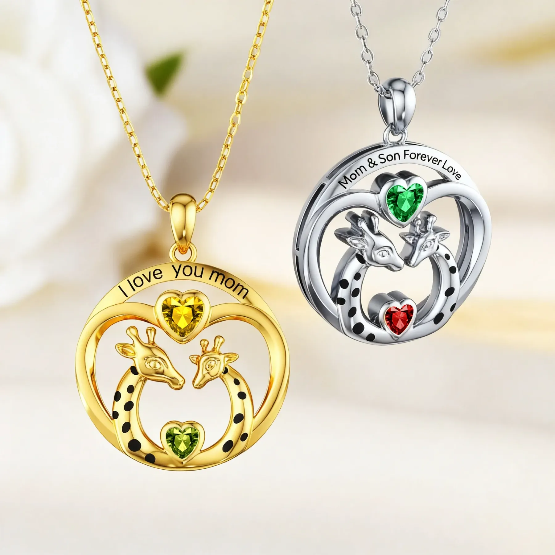 Custom Mom and Child Giraffe Heart Birthstone Round Shape Pendant Necklace