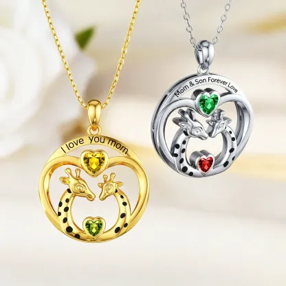 Custom Mom and Child Giraffe Heart Birthstone Round Shape Pendant Necklace