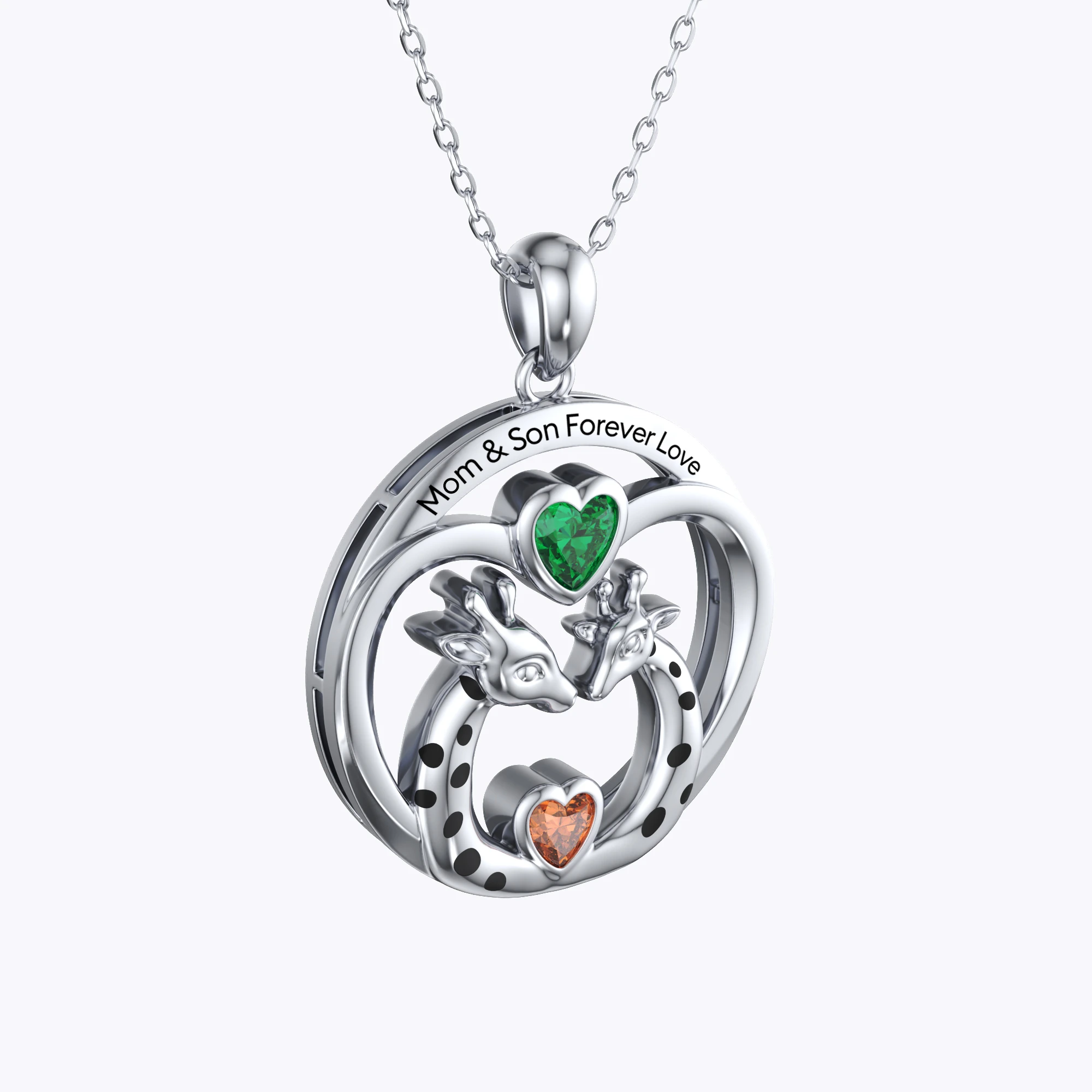 Custom Mom and Child Giraffe Heart Birthstone Round Shape Pendant Necklace