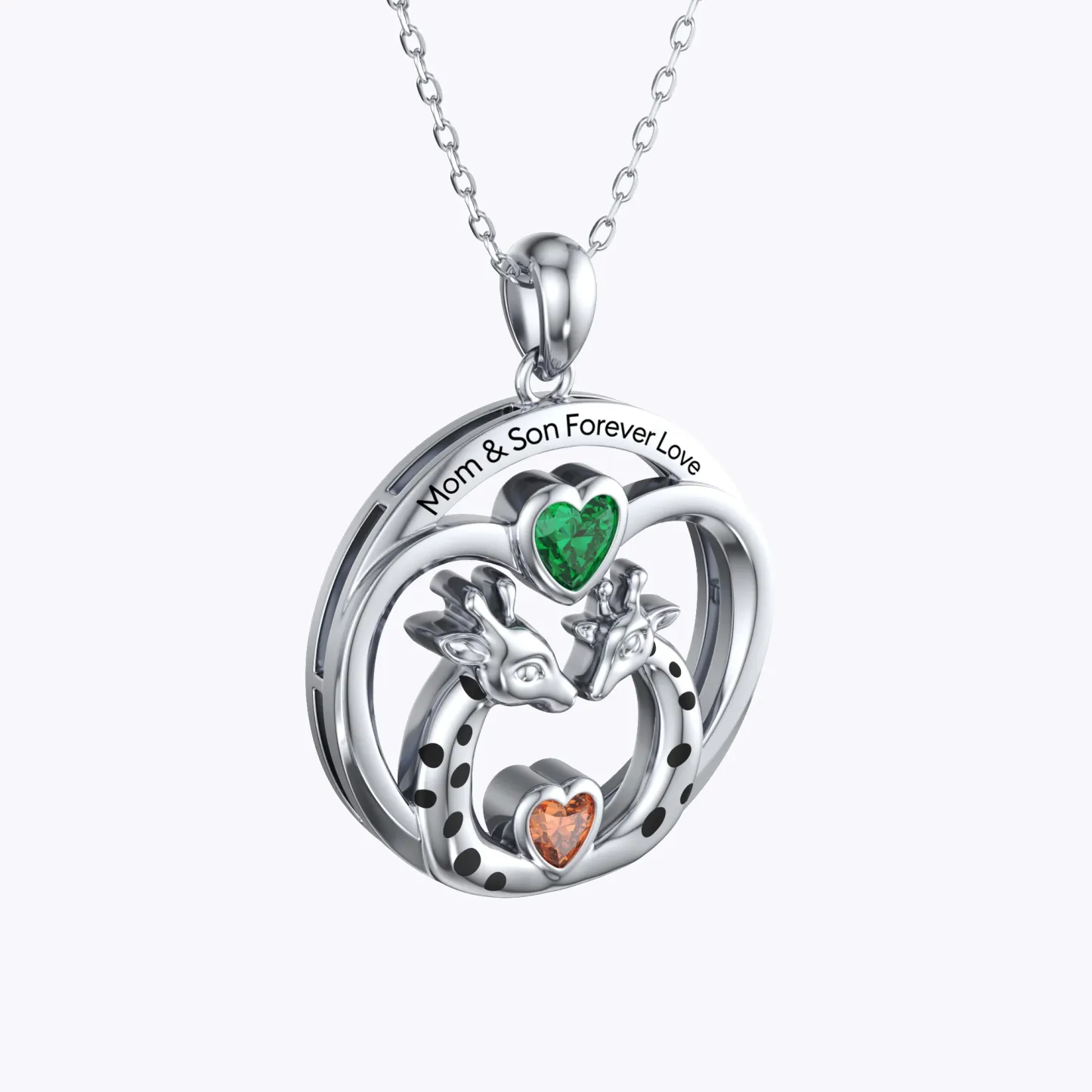 Custom Mom and Child Giraffe Heart Birthstone Round Shape Pendant Necklace