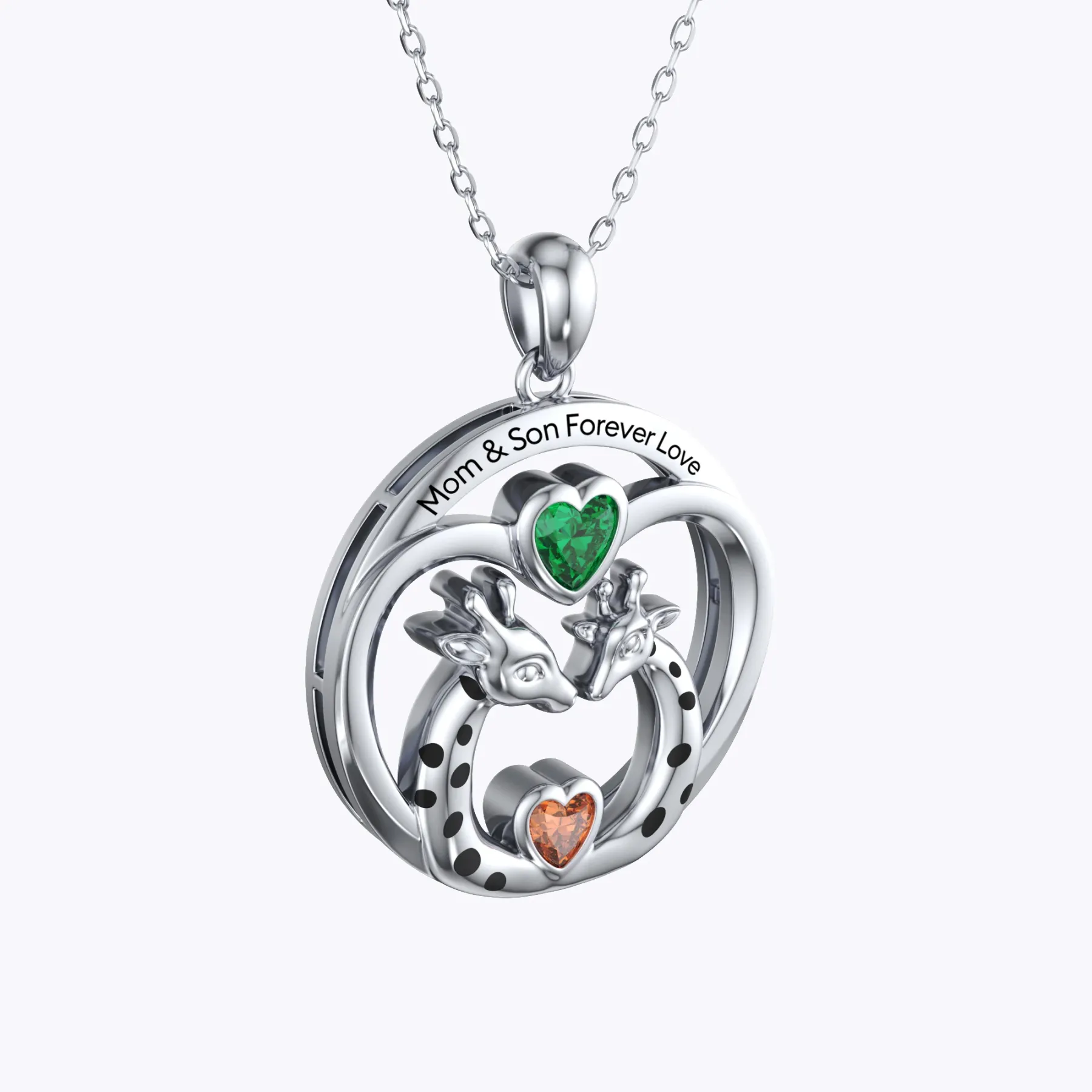 Custom Mom and Child Giraffe Heart Birthstone Round Shape Pendant Necklace