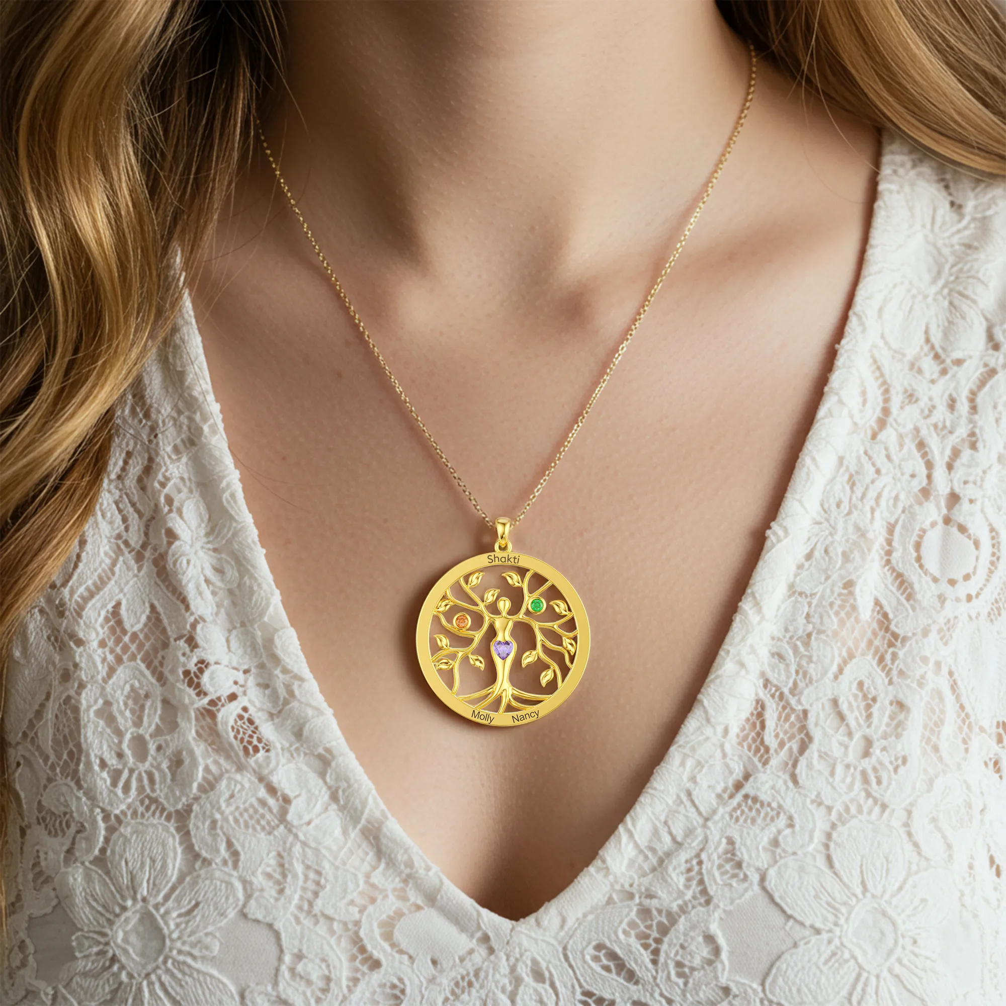Custom Tree of Life with Birthstone Round Shape Pendant Necklace