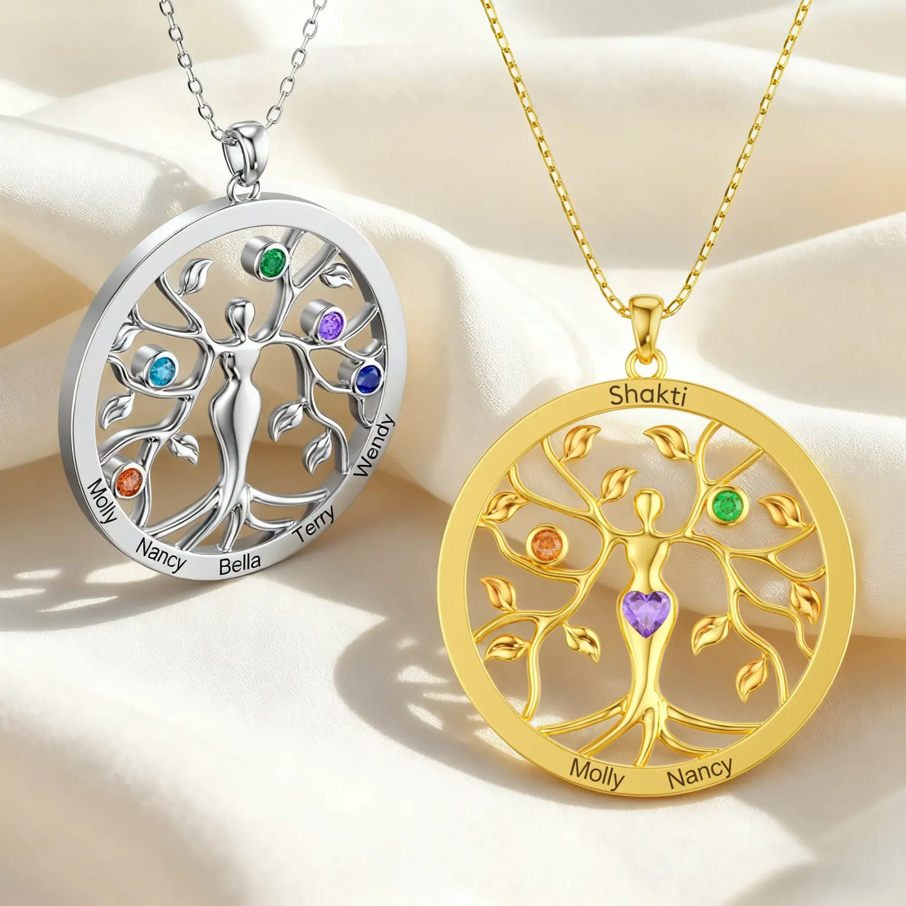 Custom Tree of Life with Birthstone Round Shape Pendant Necklace