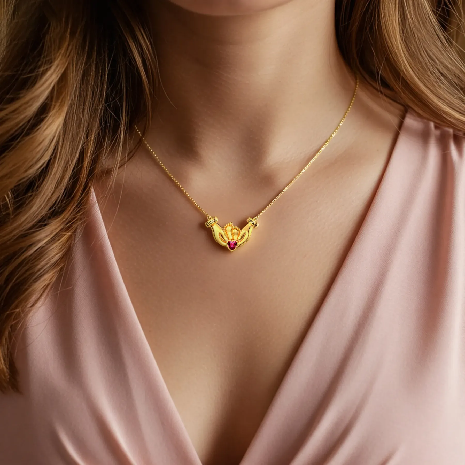 Custom Heart Shape Birthstone Name Necklace featuring Parents' Hands Cradling Baby Feet