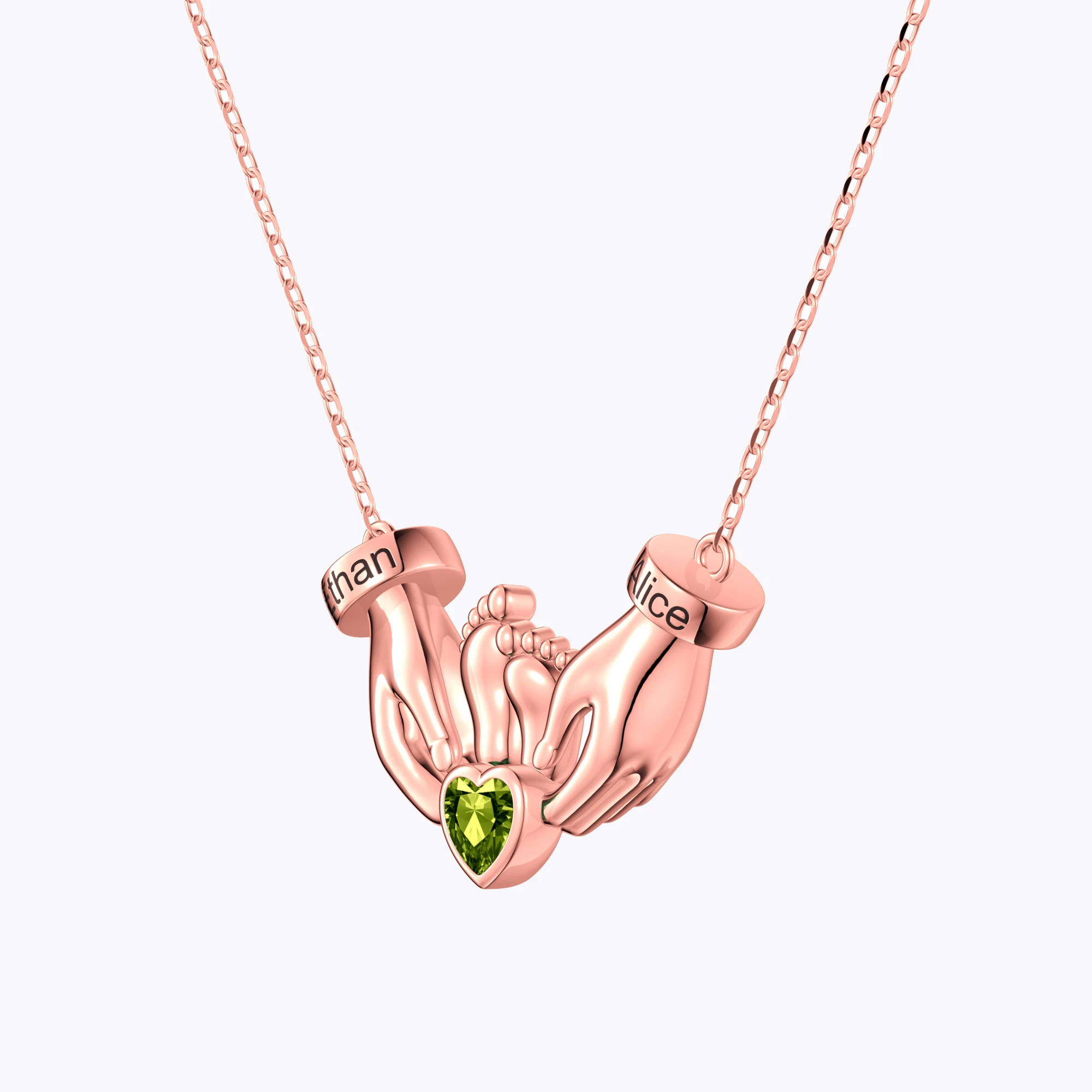 Custom Heart Shape Birthstone Name Necklace featuring Parents' Hands Cradling Baby Feet