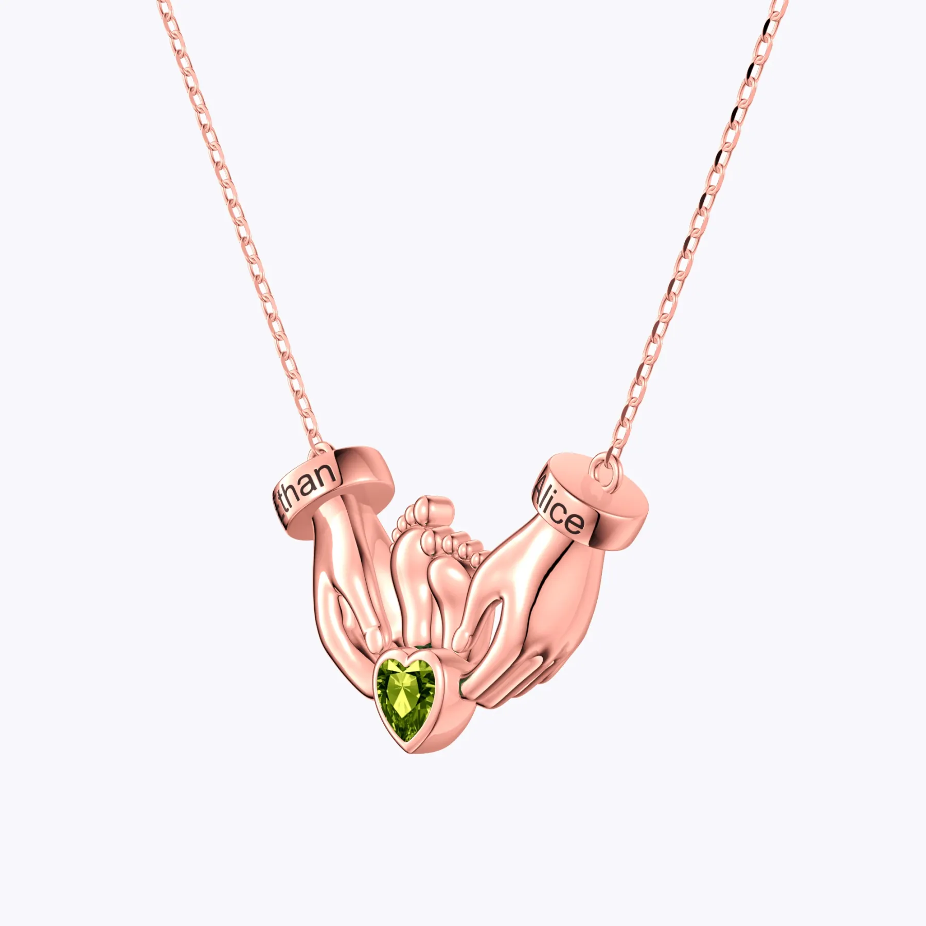 Custom Heart Shape Birthstone Name Necklace featuring Parents' Hands Cradling Baby Feet