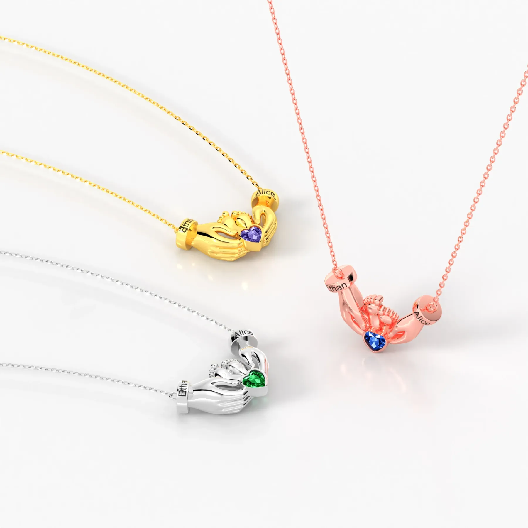 Custom Heart Shape Birthstone Name Necklace featuring Parents' Hands Cradling Baby Feet