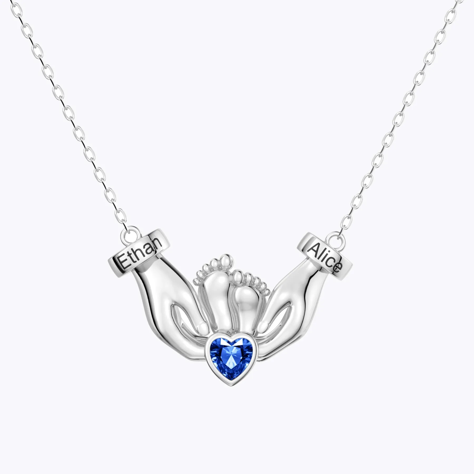 Custom Heart Shape Birthstone Name Necklace featuring Parents' Hands Cradling Baby Feet