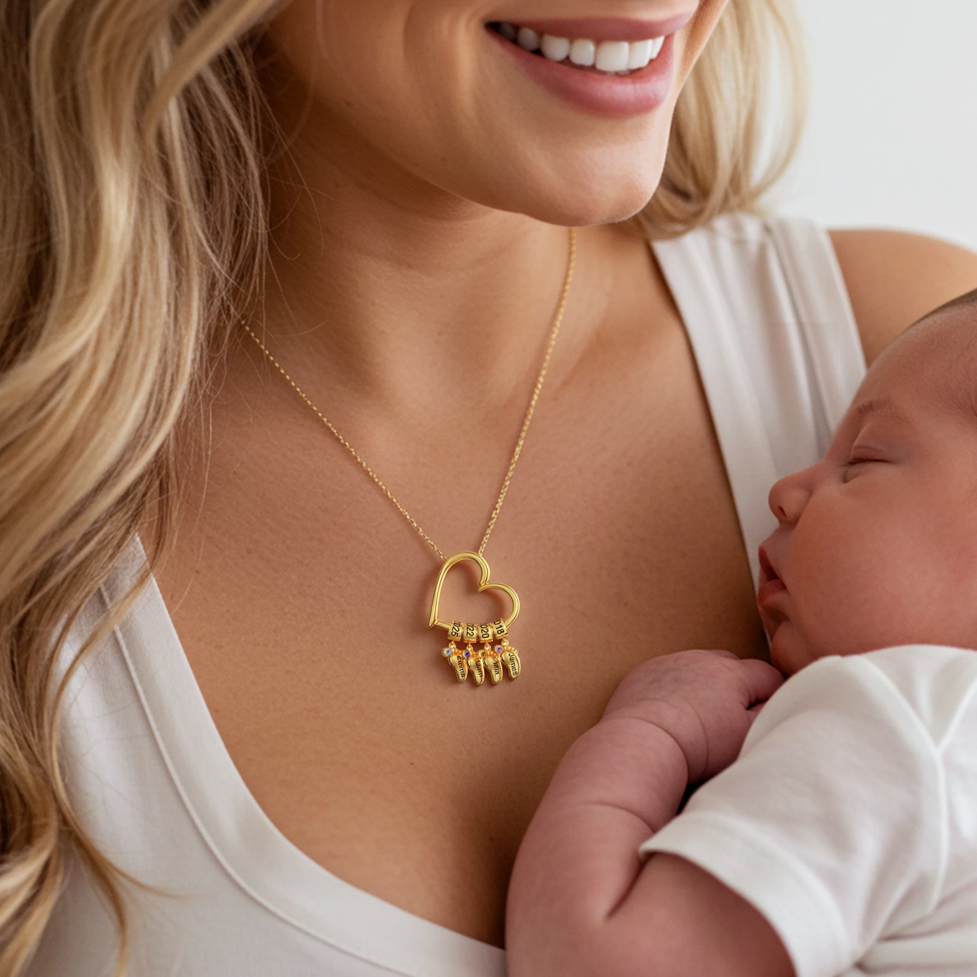 Custom Child Feet with Name Birthstone Heart Shaped Pendant Necklace
