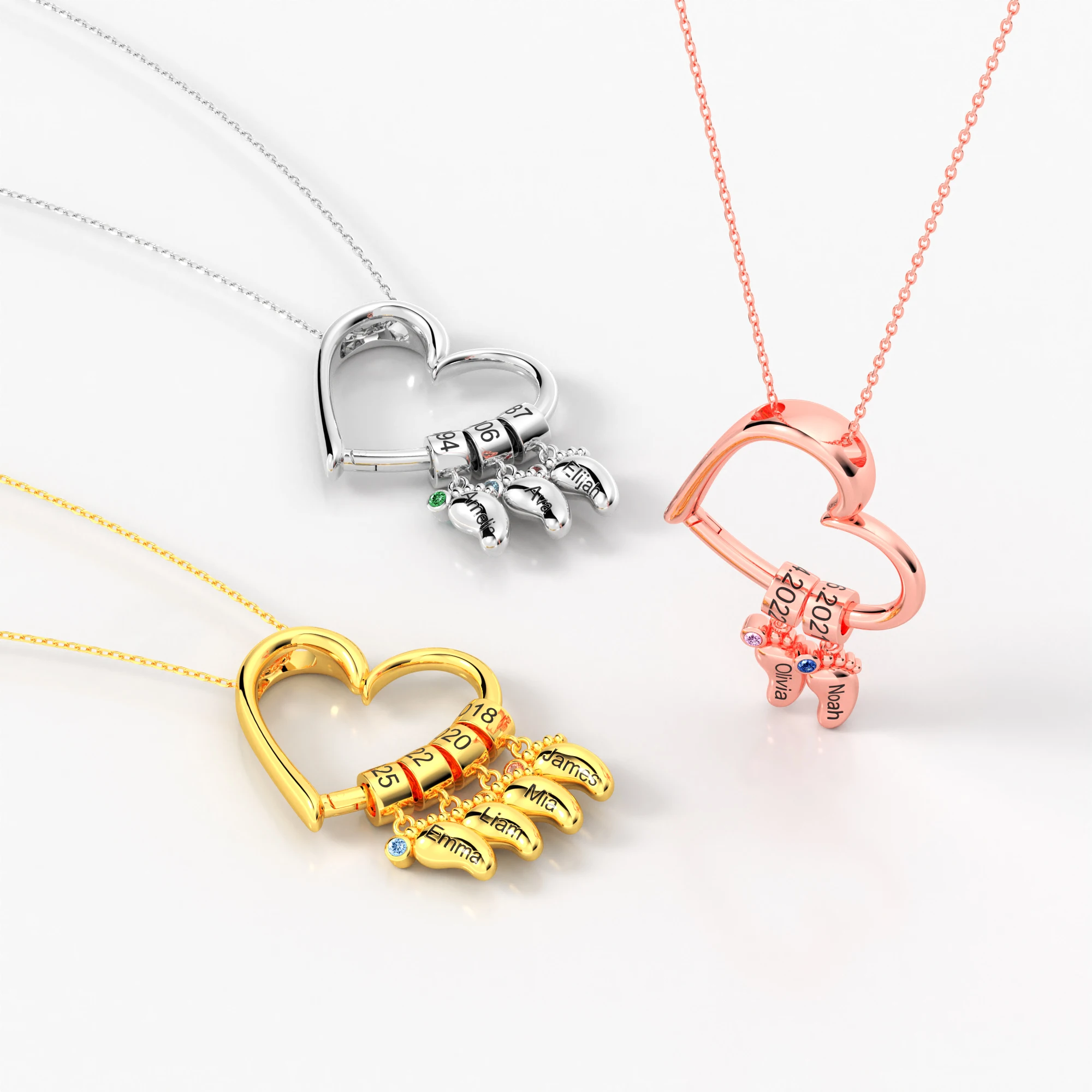 Custom Child Feet with Name Birthstone Heart Shaped Pendant Necklace