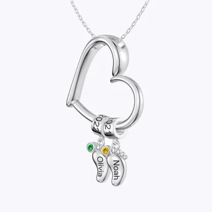 Custom Child Feet with Name Birthstone Heart Shaped Pendant Necklace