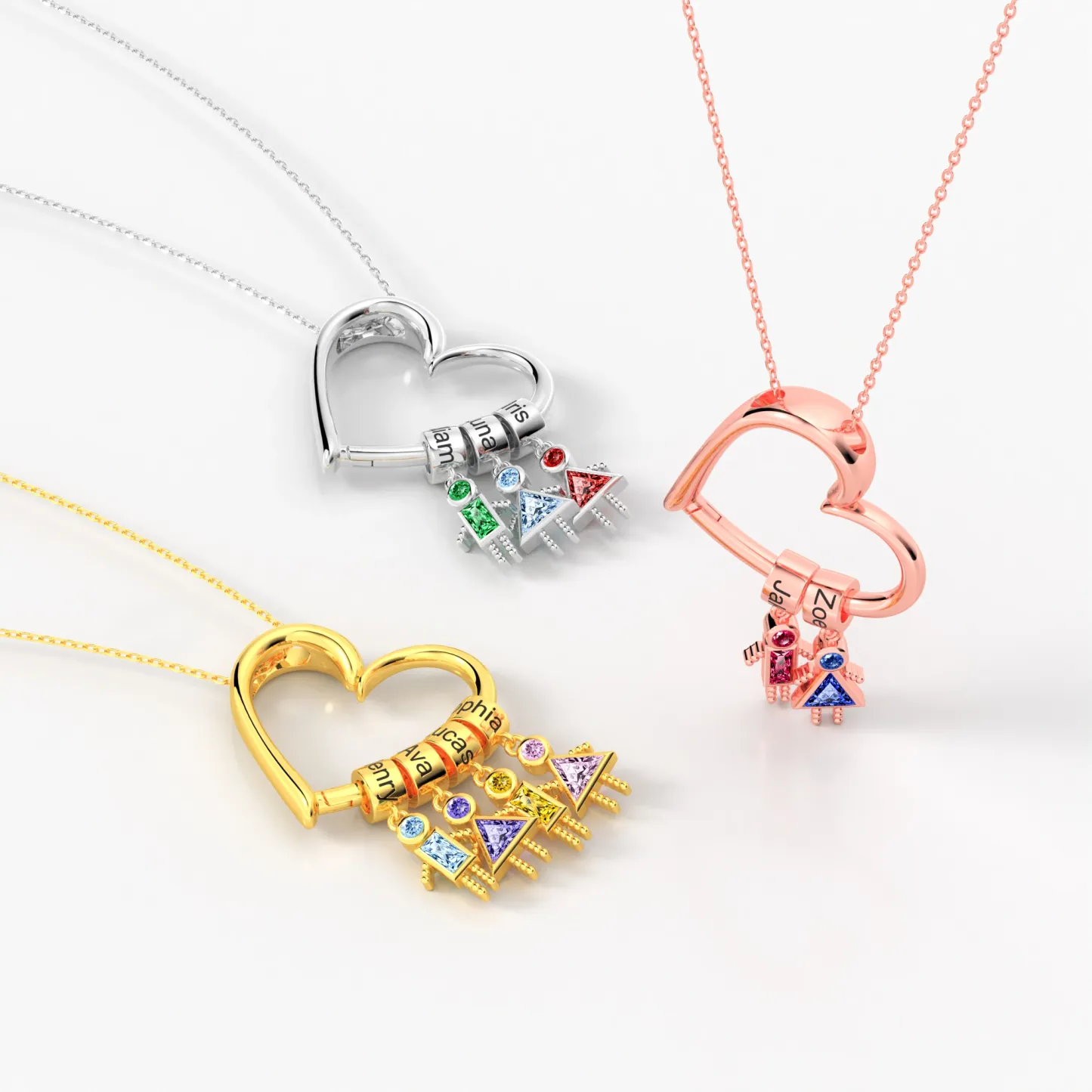 Custom Birthstone Boys Girls Kids Charms Heart Shaped Pendant Necklace