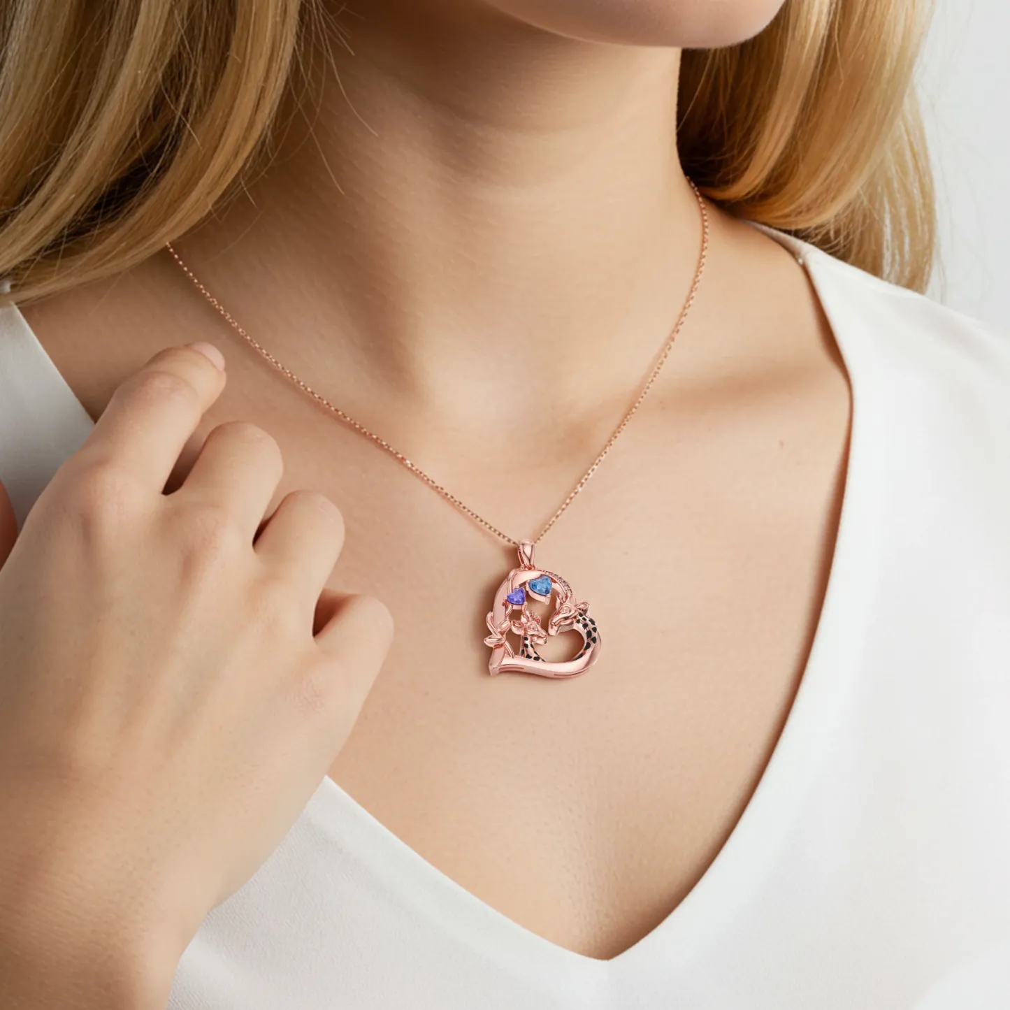 Custom Mom and Child Giraffe Heart Birthstone Giraffe Necklace