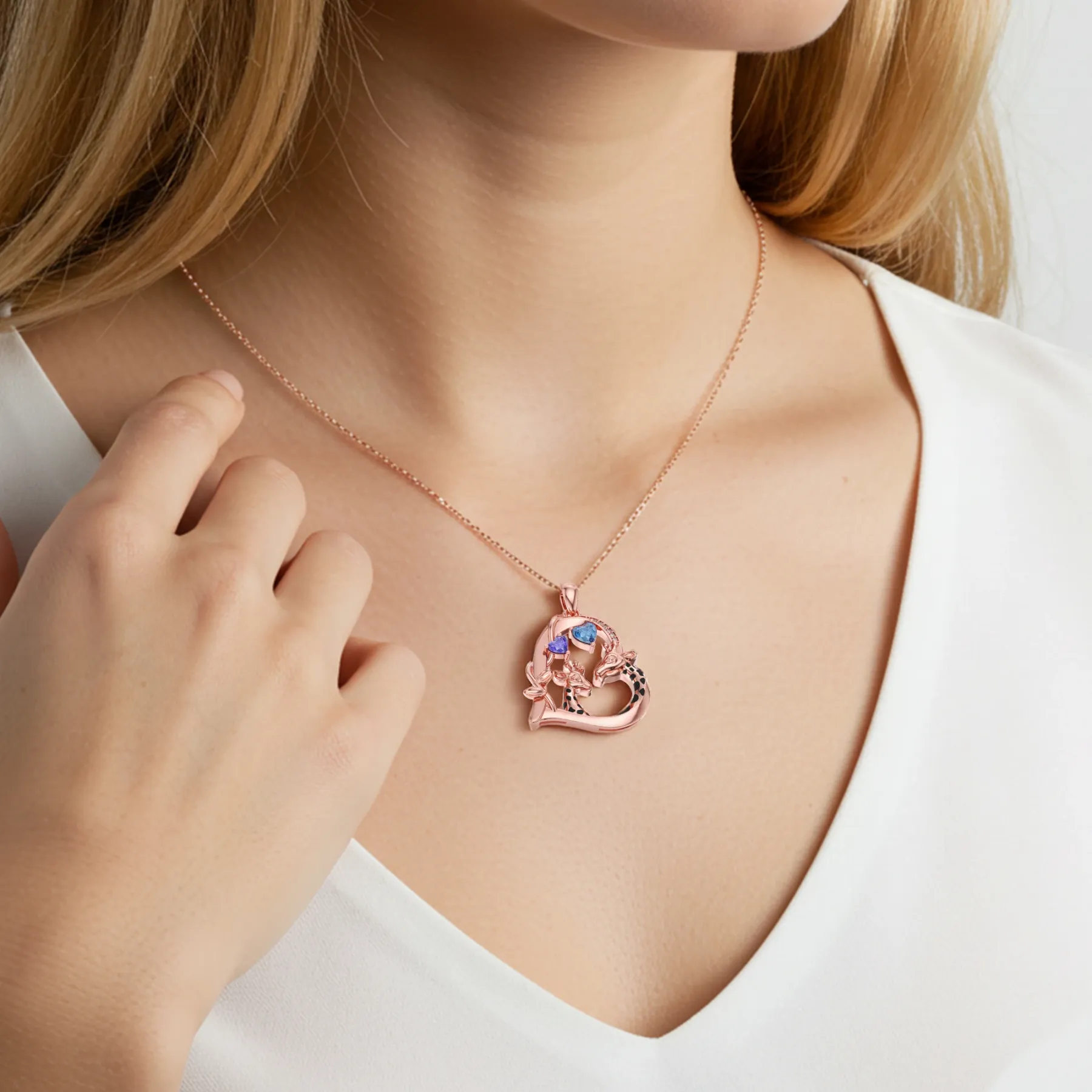 Custom Mom and Child Giraffe Heart Birthstone Giraffe Necklace