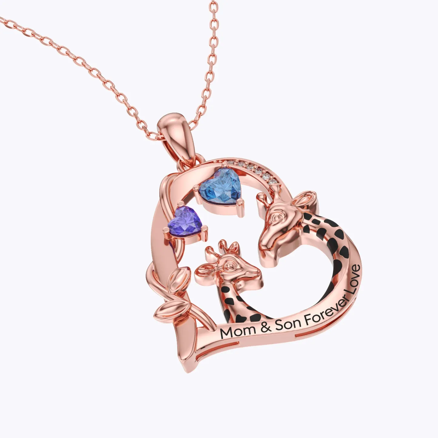 Custom Mom and Child Giraffe Heart Birthstone Giraffe Necklace