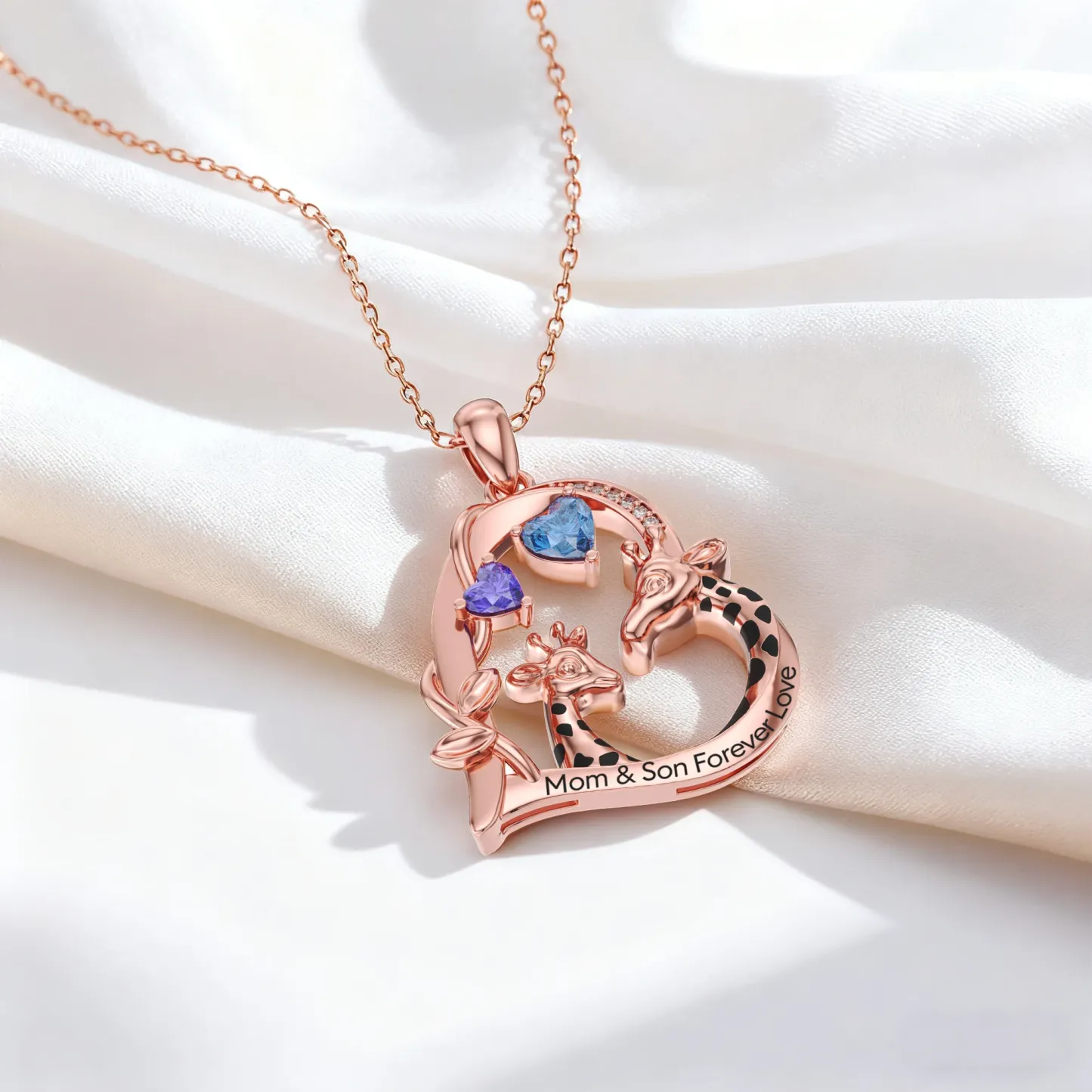 Custom Mom and Child Giraffe Heart Birthstone Giraffe Necklace